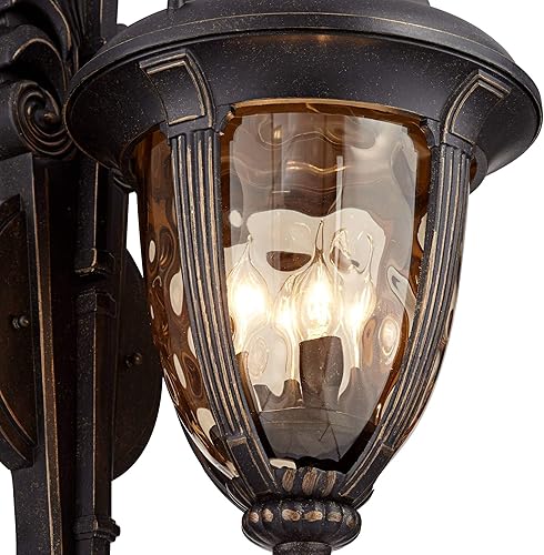 Miniatura 9 de John Timberland Bellagio - Lámpara de pared para exteriores, color bronce, aluminio, doble brazo de 27 1/2 pulgadas, vidrio martillado champán para