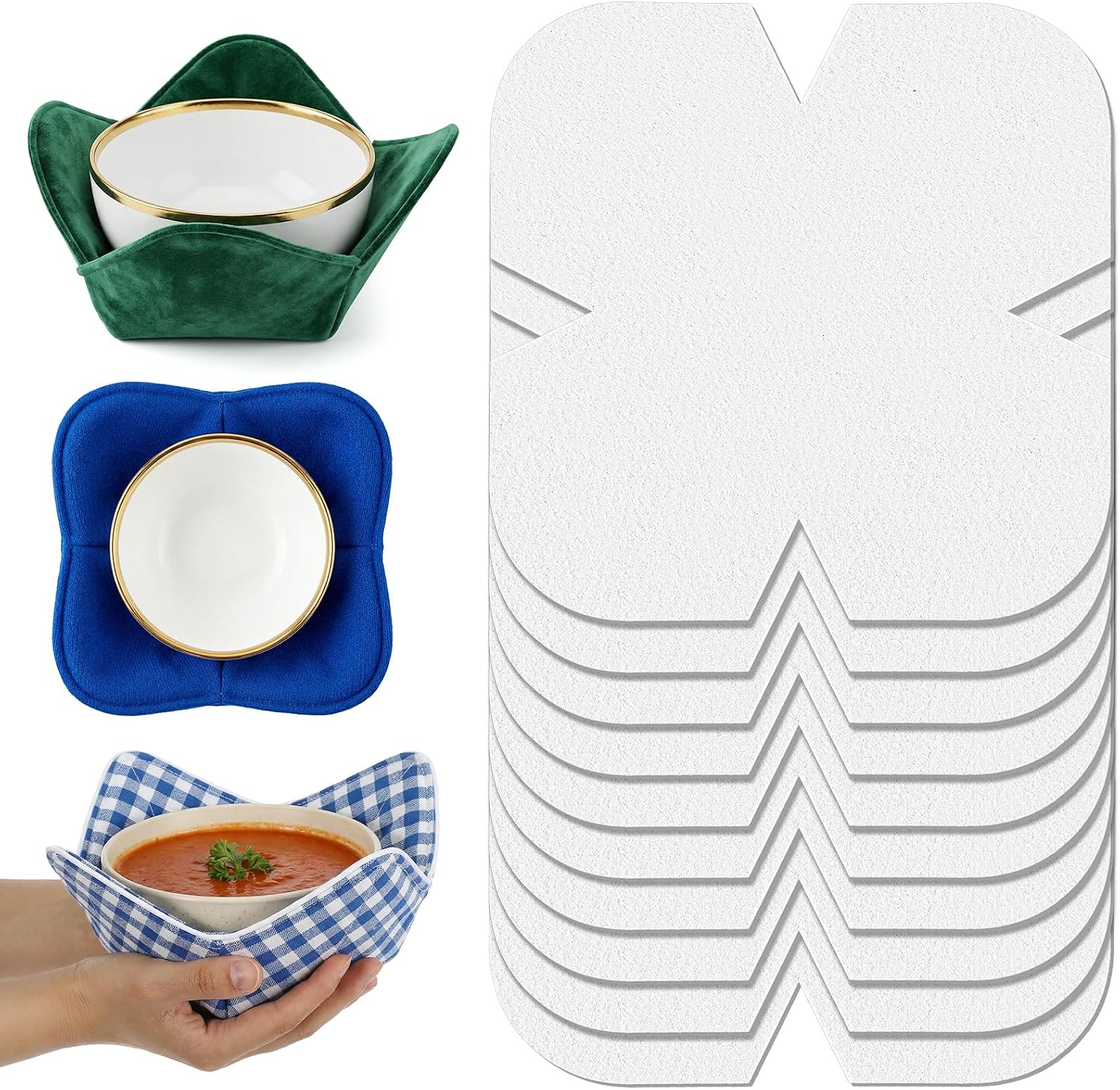 10 Pcs Bowl Cozy Precut Batting, 10 x 10 Inch Bowl Cozy Pattern Template, Heat Resistant Soft Cotton Quilt Batting for Sewing DIY, Microwave Safe