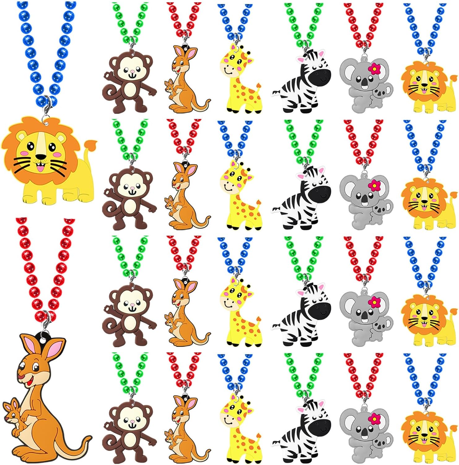 24 Pack Wild Animal Necklace Party Favors for Safari Animal Themed Baby Shower, Birthday Party Goodie Bag Fillers, School Carnival Rewards, Photography Props, Home Decorations, Classroom Prize