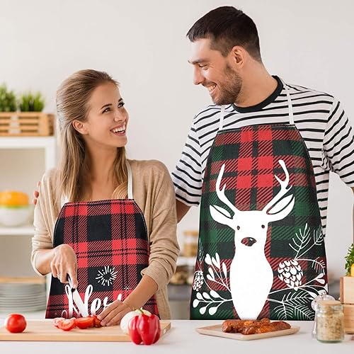 Miniatura 7 de Geyoga 2 delantales de Navidad, delantal a cuadros de búfalo, tela ajustable, color rojo, retro, para fiesta de Navidad, cocina, hornear, 2 estilos