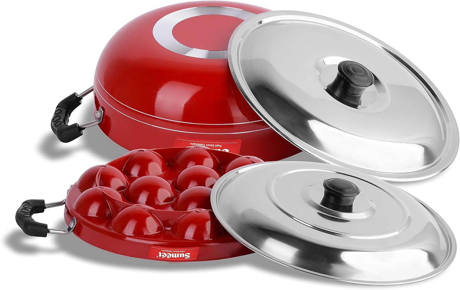 SUMEET 2.6mm Thick Non-Stick Aluminium Red Get Ready Cookware Set (Kadhai with Lid 1.5Ltr Capacity- 20cm Dia and Grill Appam Patra with Lid 23cm Dia)