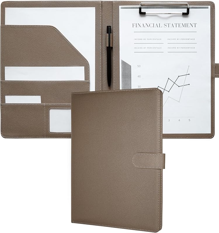 Padfolio Portfolio Binder, Faux Leather Legal Pad Holder | Resume Folder with Clipboard & Business Card Holder, A4 Professional Document File Organizer for Women and Men (Taupe)