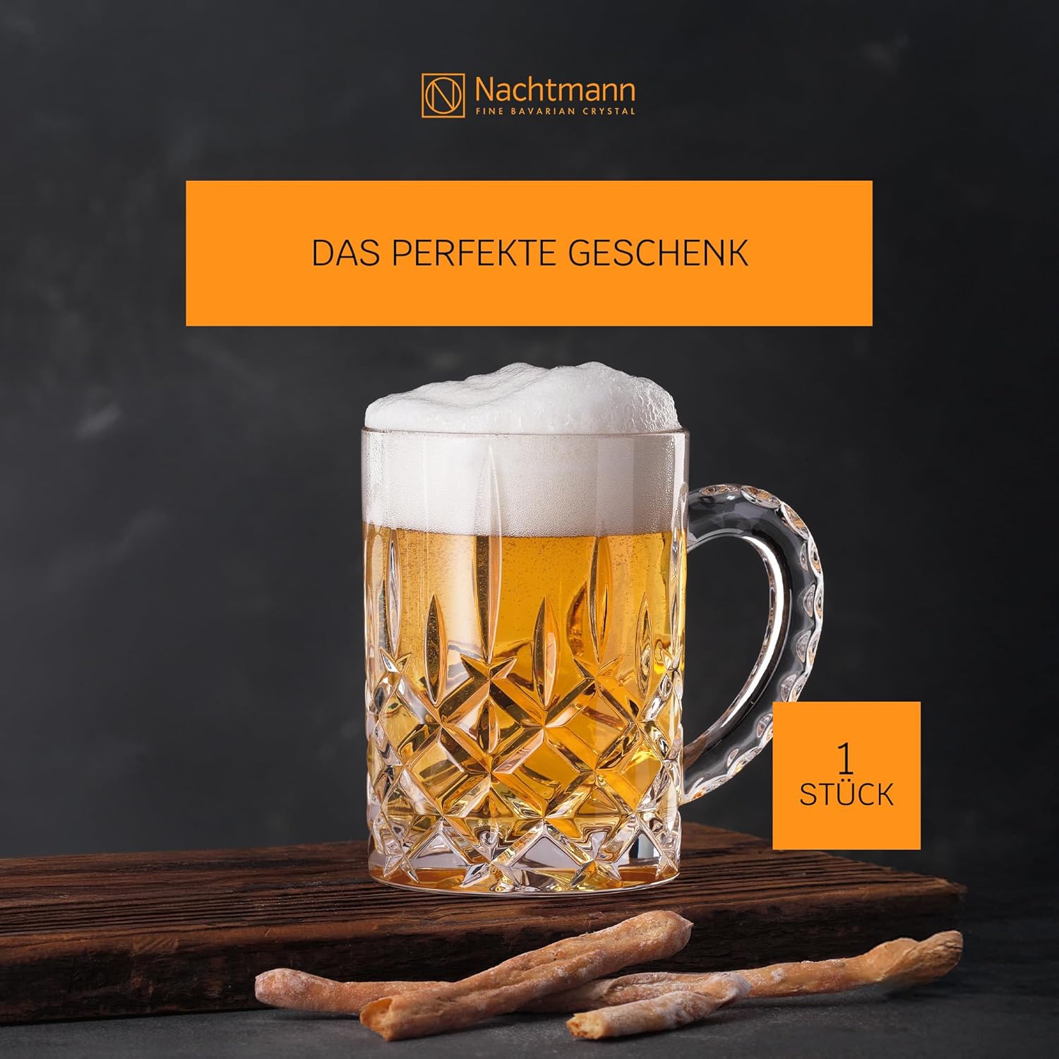 Nachtmann Noblesse Collection Beer Mug with Handle - 21.2oz Clear Crystal Glass | Elegant Big Drinking Cup for Beer Lovers, Home Bar Accessories | Dishwasher Safe