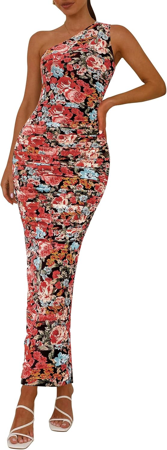 PRETTYGARDEN Women's One Shoulder Bodycon Dresses Summer 2026 Ruched Floral Beach Cocktail Wedding Guest Dress