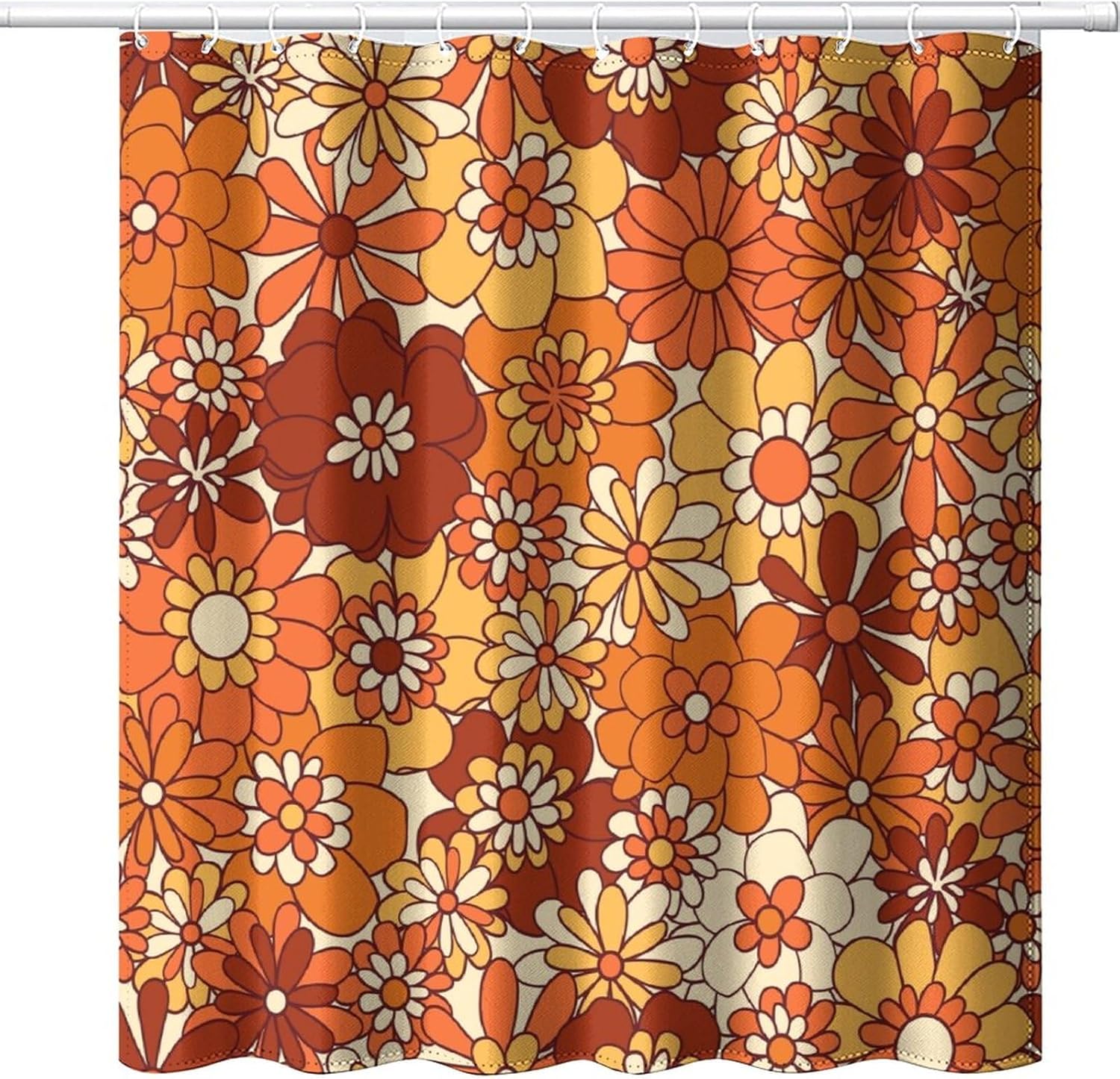 Boho Floral Shower Curtain, Vintage 70s Hippie Bright Orange Flowers Groovy Abstract Funny Art Print Waterproof Polyester Fabric Shower Curtain Sets with Hooks 72x84Inch(183x214cm)