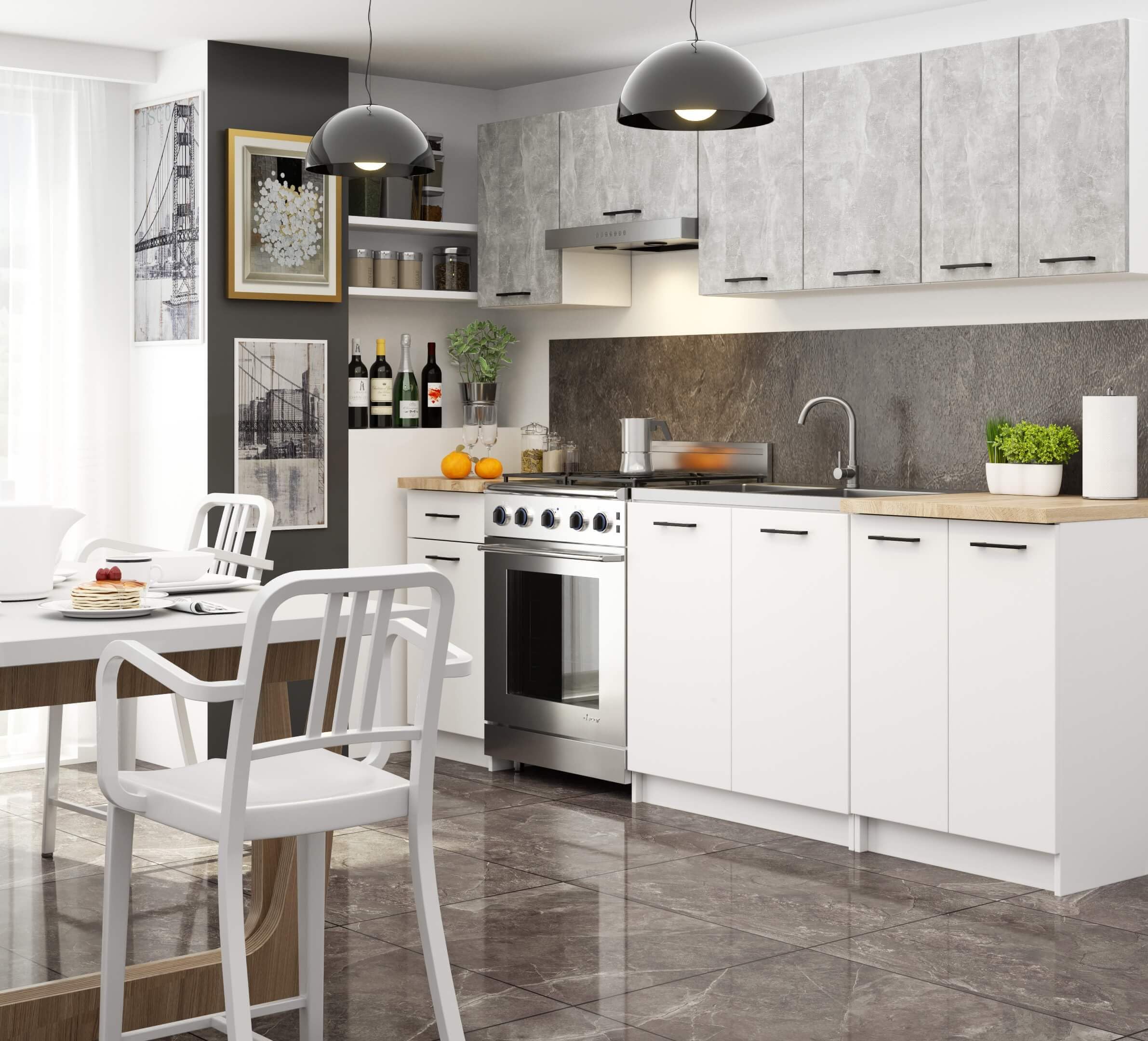 AKORD | Set di Mobili da Cucina Olivia 2.4m | Cucina Completa Piccola | Componibile | su Misura 46 x 180 x 174 cm | Per un design moderno e Tradizionale | Cemento & Bianco Frontale