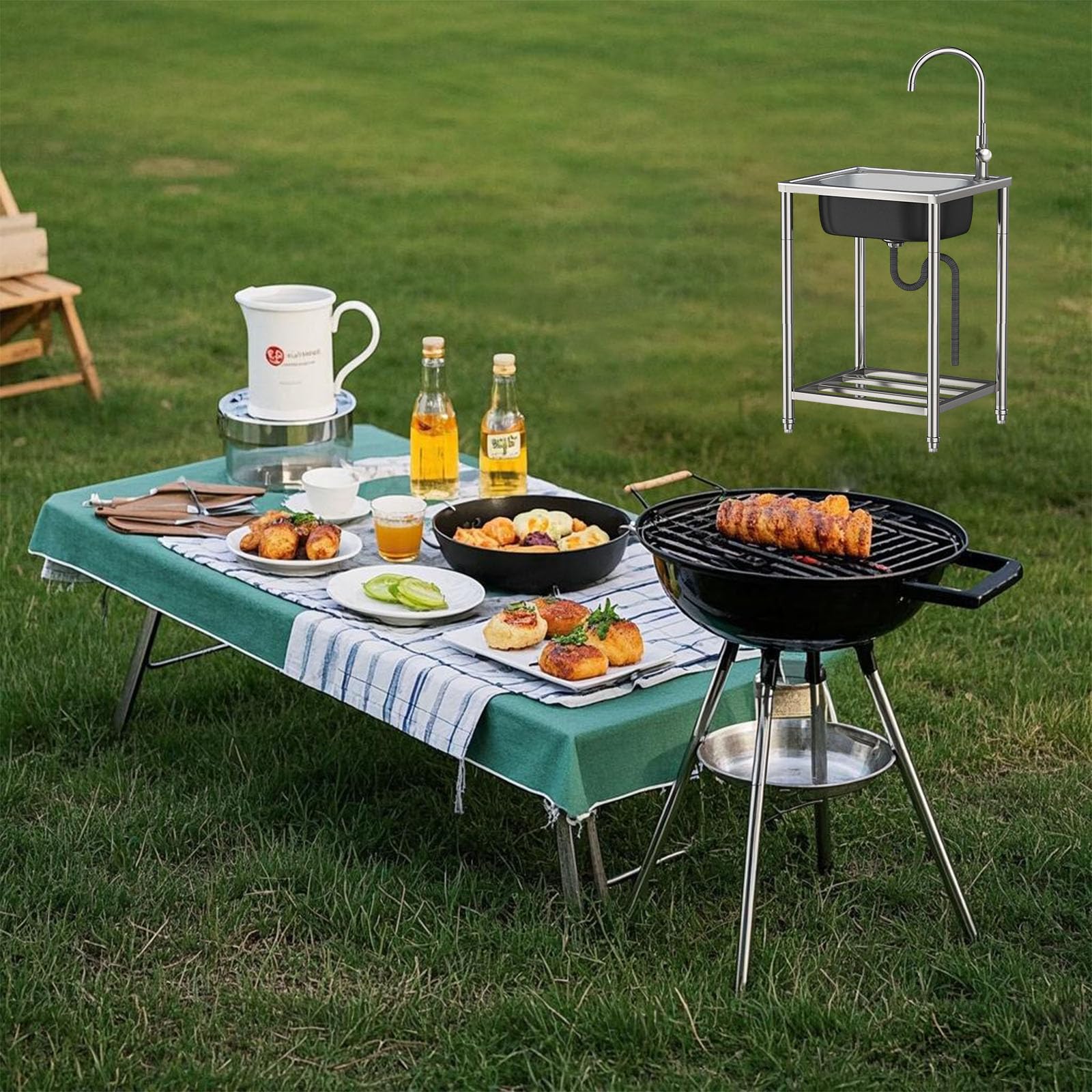 Gastro - Lavabo indipendente in acciaio inox, 33 x 38 x 82 cm, con rubinetto, dispositivo di scarico, per piantare fioriere e vasi, pulizia attrezzi da giardino