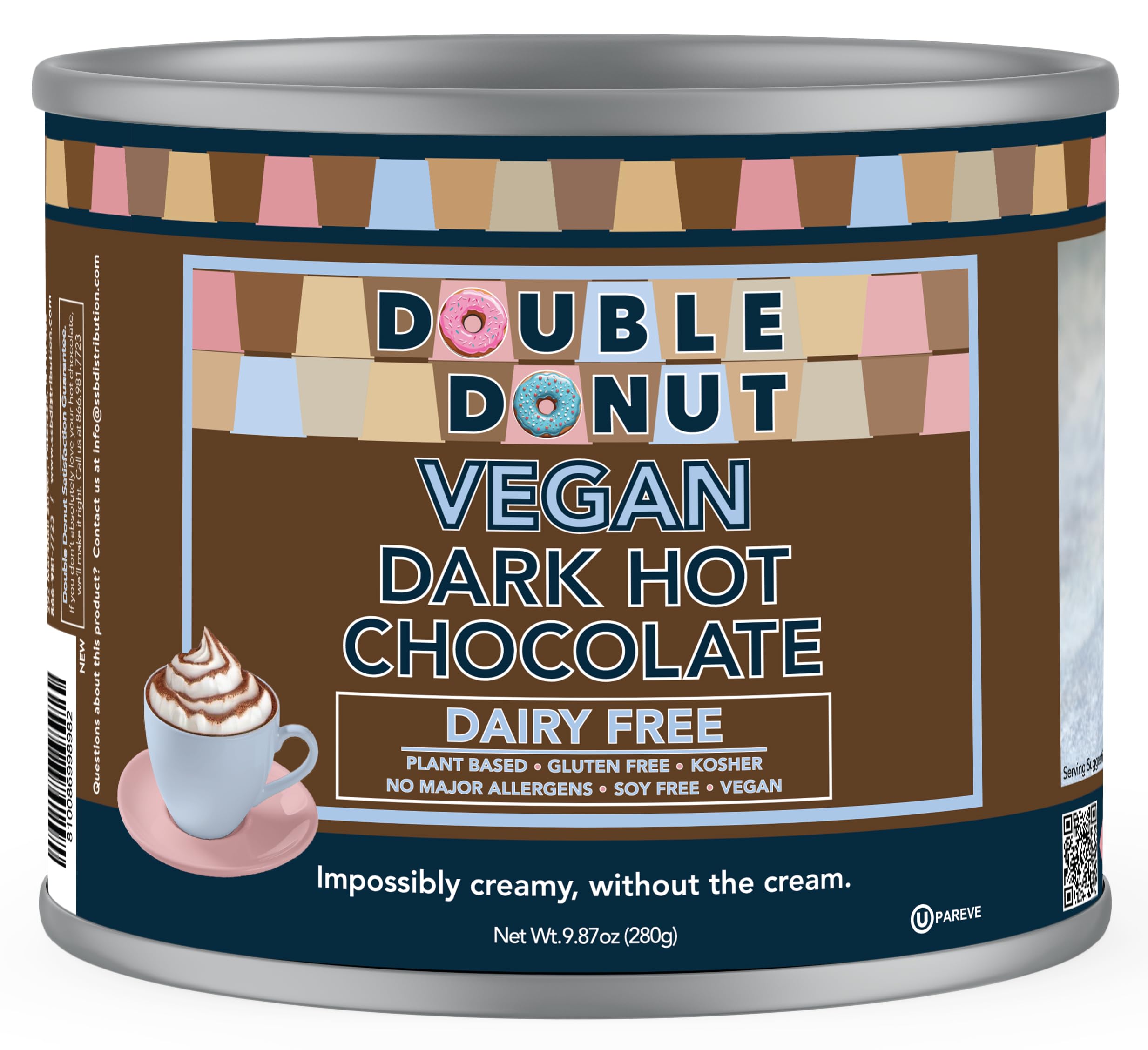 Double Donut Coffee Dark Vegan Hot Chocolate, Rich Dark Chocolate Hot Cocoa, Gluten Free, Dairy Free Hot Chocolate Mix for Velvety Smooth Vegan Hot Cocoa Mix, 12 Ounce Canister