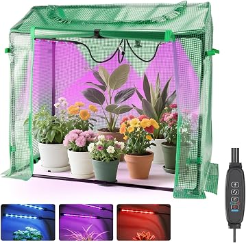 Mini Greenhouse with LED Grow Light & Timer, 362033 Portable PE Plant Tent for Indoor Seed Starting, Balcony, Garage & Small Space Gardening