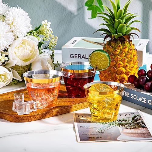 Miniatura 4 de WELLIFE 120 vasos de plástico dorados, vasos de plástico transparente de 9 onzas, vasos de vino desechables para fiestas