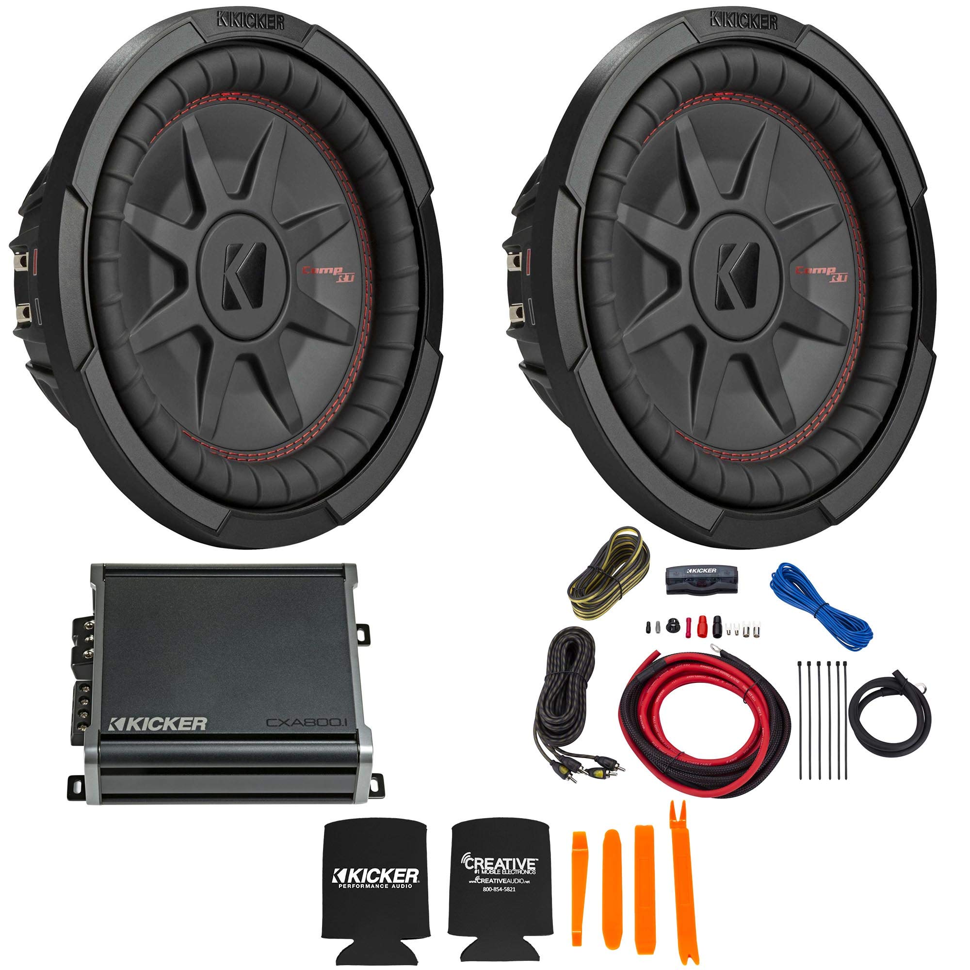 Kicker 10 Inch Comp RT Thin Woofer Includes Two 48CWRT102 Package with 46CXA8001 Amplifier and Wire kit