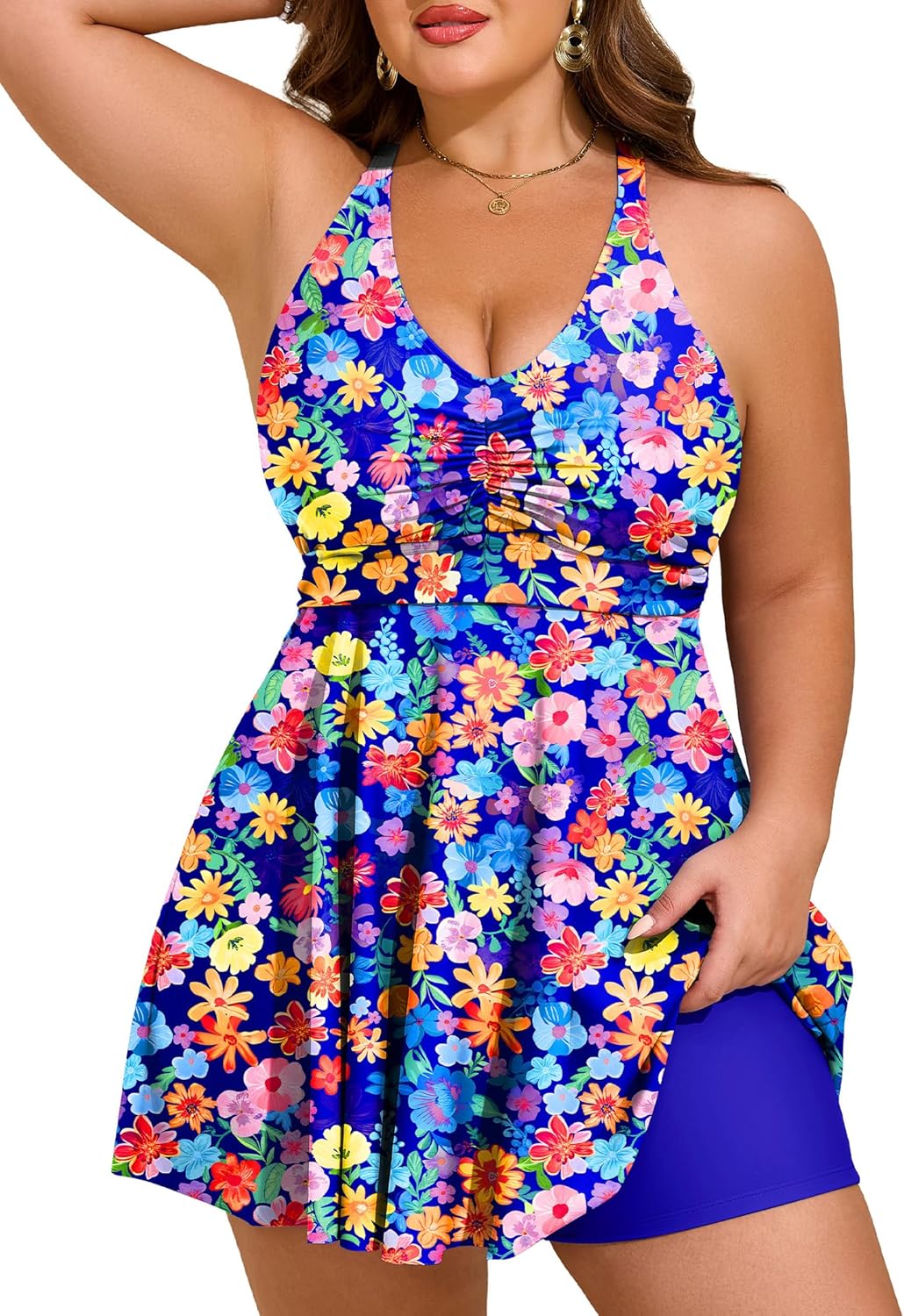 HUSKARY Plus Size Tankini Swimsuits for Women Tummy Control V Neck Hide Belly Bathing Suits Two Piece with Swim Shorts