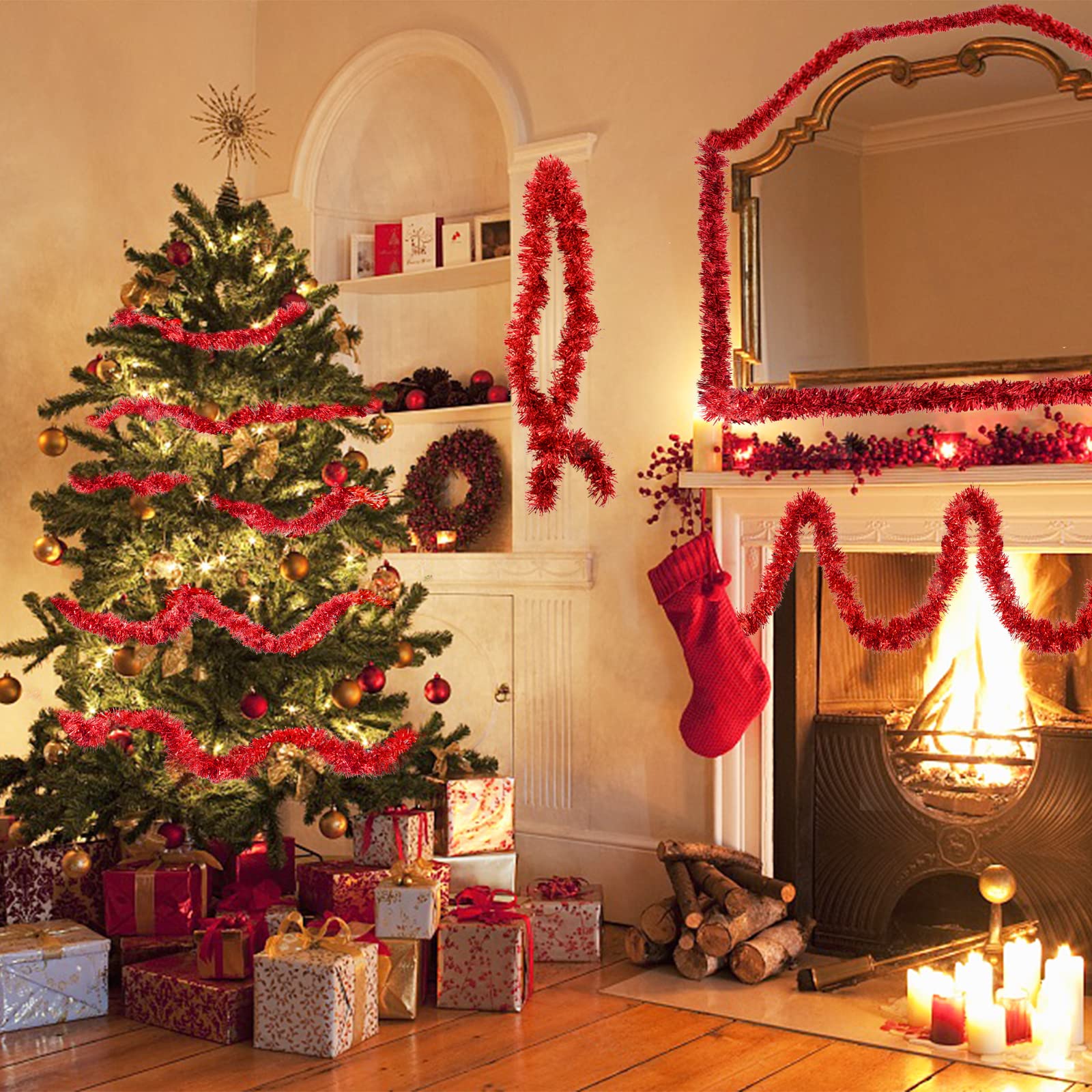 Espumillon Arbol Navidad, 20M/ Paquete de 10 Guirnalda Navidad Metálico Oropeles Brillantes Espumillón Navidad Guirnaldas Navideñas Decoración para Boda Fiesta Hogar Interior y Exterior Rojo