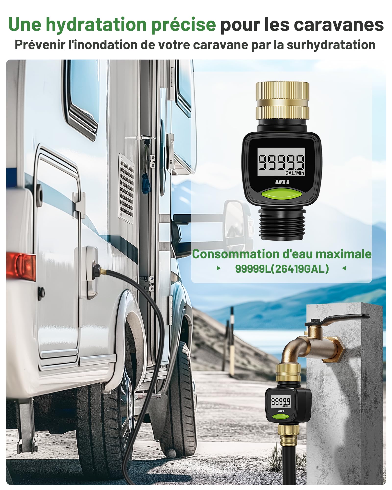 Unistyle Débitmètre d'eau pour camping-car, tuyau à 360 ° avec métal d'entrée en laiton, précision de mesure ±5 %, mesure la consommation de gallons / litres