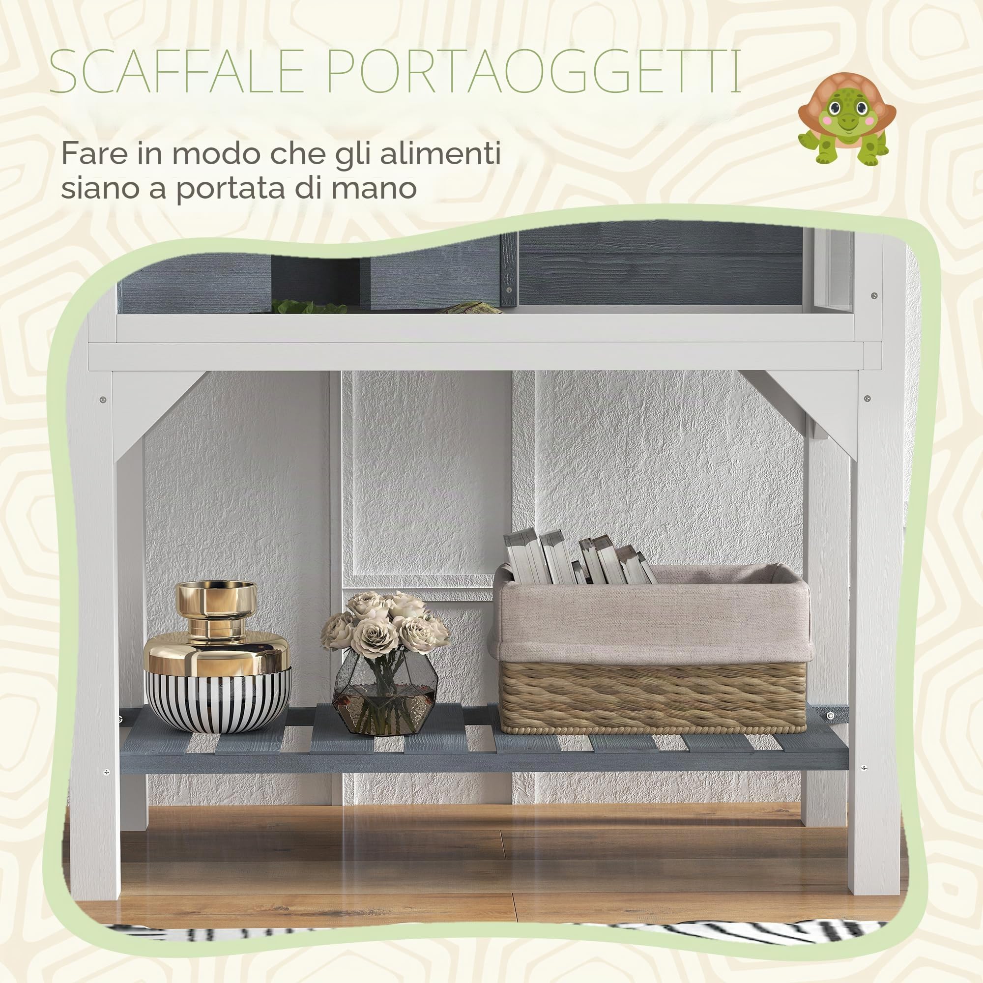 PawHut Casa per tartarughe su piedini a 2 zone - terrario per tartarughe terrestri con tetto apribile e zona interattiva - recinto 90 cm, supporto lampada, vista panoramica e ripiano - grigio
