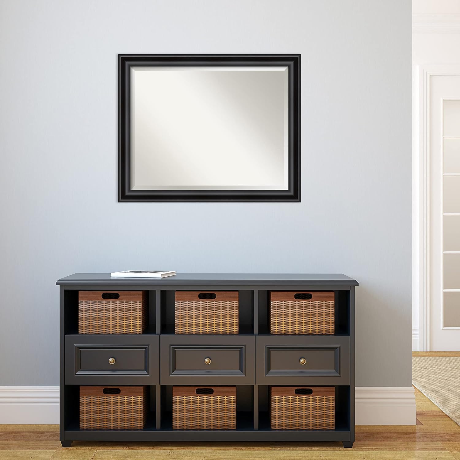 Amanti Art Black Bathroom Mirror for Over Sink, 26x32 Grand Black Narrow Rectangle Vanity Mirror, Large Casual Frame, Hangs Horizonally and Vertically, Bathroom Wall Decor, Beveled Edge
