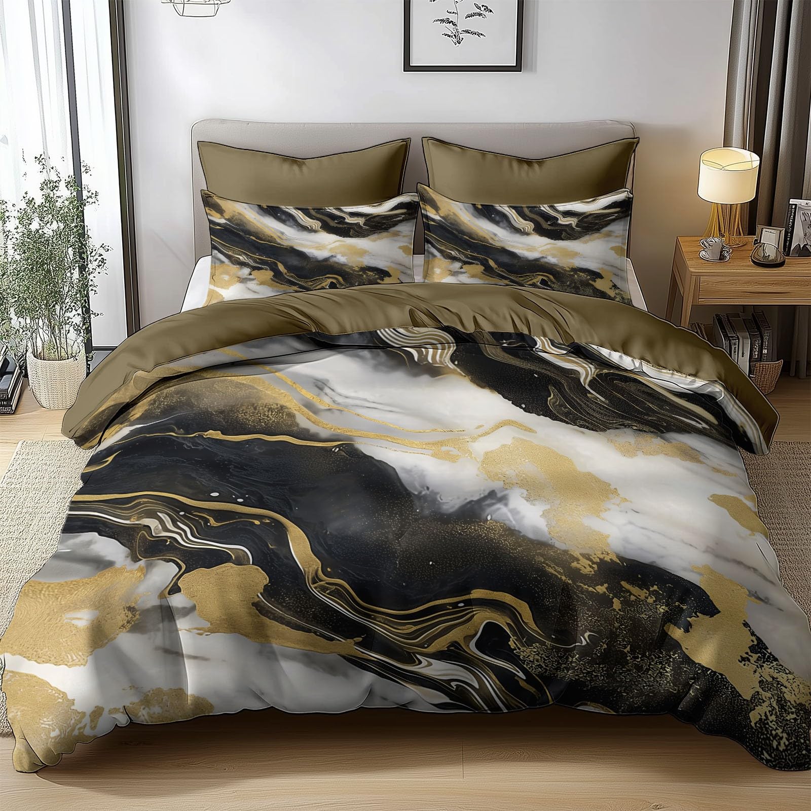Duvet Cover Set Super King Size 220x260 cm Marble Gold Painting Duvet Set Breathable Polyester-Cotton Comforter Covers Super Soft Bedding Sets with 2 Pillowcases