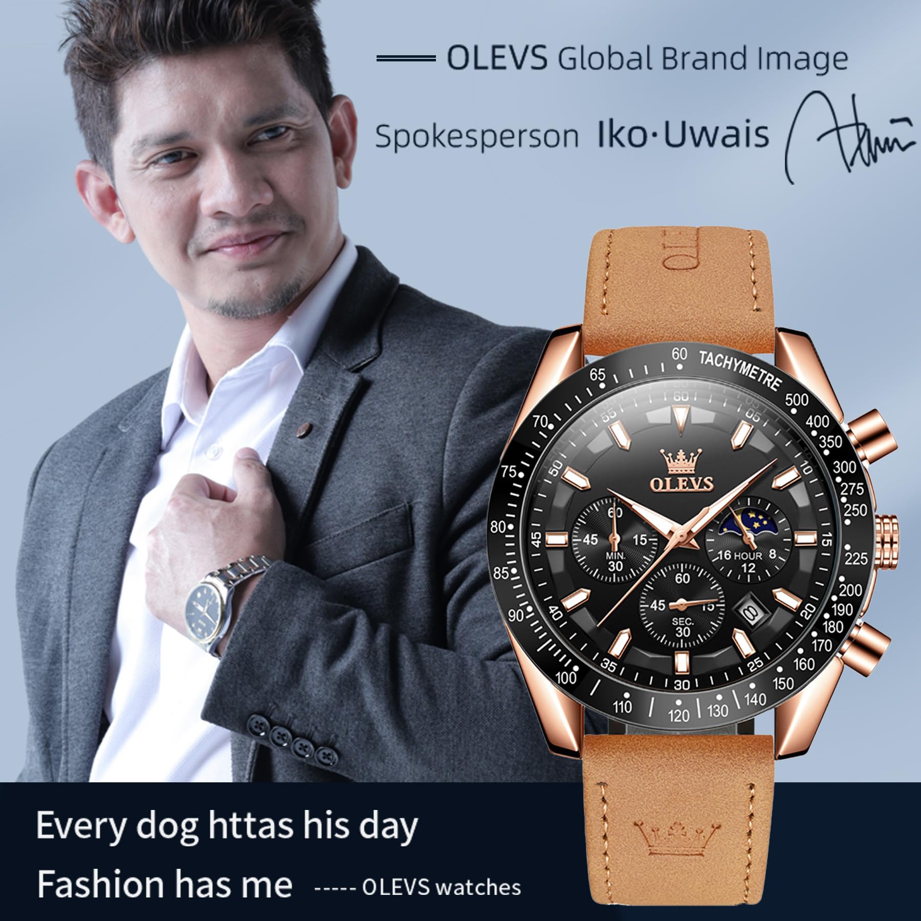 OLEVS Reloj de Hombre de Cuarzo Multifuncional Cronógrafo Correa de Cuero Marrón Impermeable Deportivo Luz Nocturna Moda Calendario Reloj Analógico, Moderno