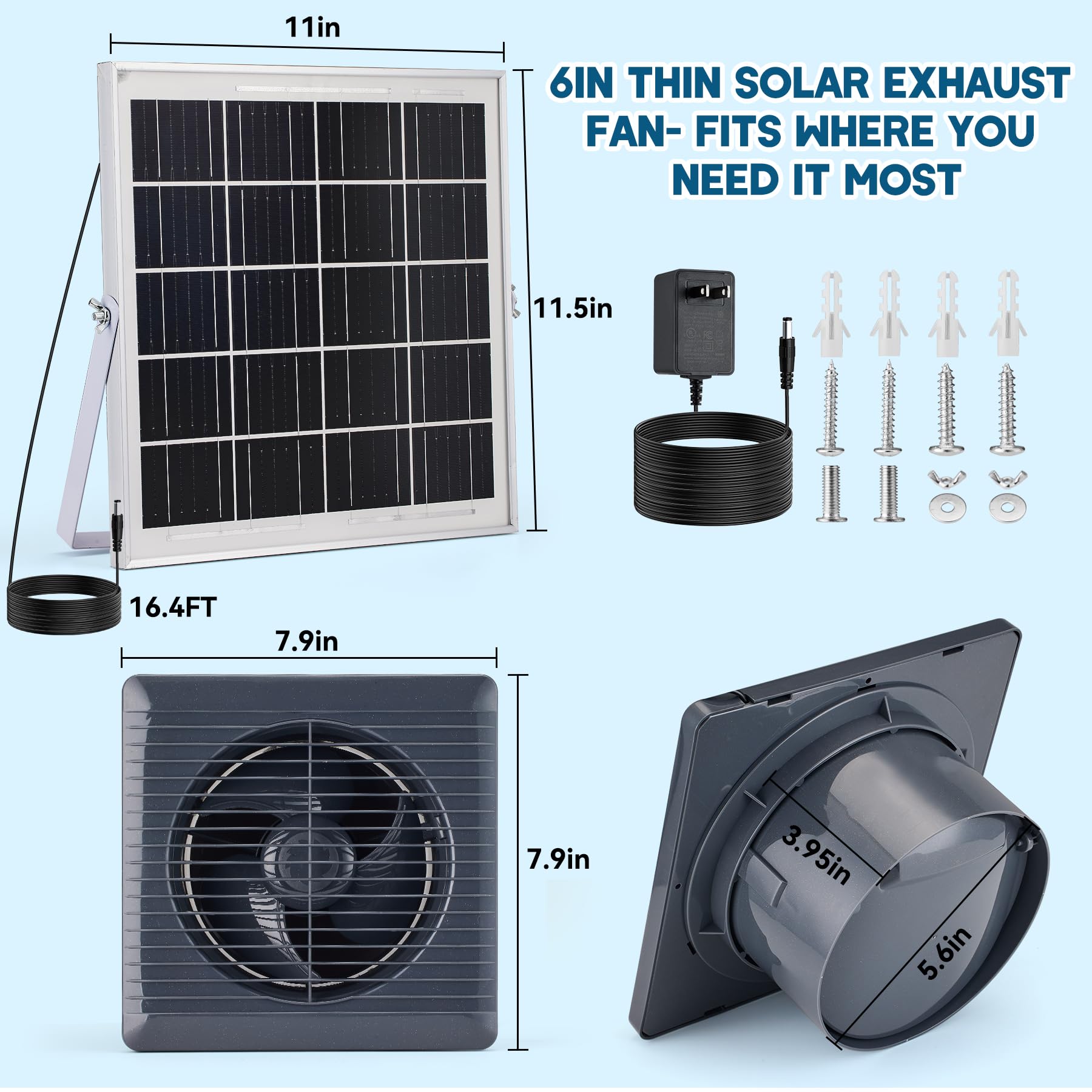 Solarny wentylator wyciągowy z panelem słonecznym 25 W, 15 cm, zasilany energią słoneczną, do kurników, szklarni i szopy, wentylator wentylacyjny 385 CFM, z zaworem zwrotnym, ciche