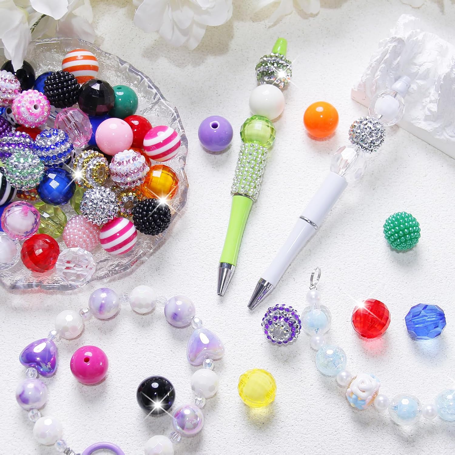 Exway 100 Pcs 20mm Beads for Pens Rhinestone Bubblegum Beads Mixed Crystal Acrylic Round Chunky Bead Sparkly Craft Large Balls Bead for Pen Beadable Keychain Bracelet DIY Jewelry Making Supplies