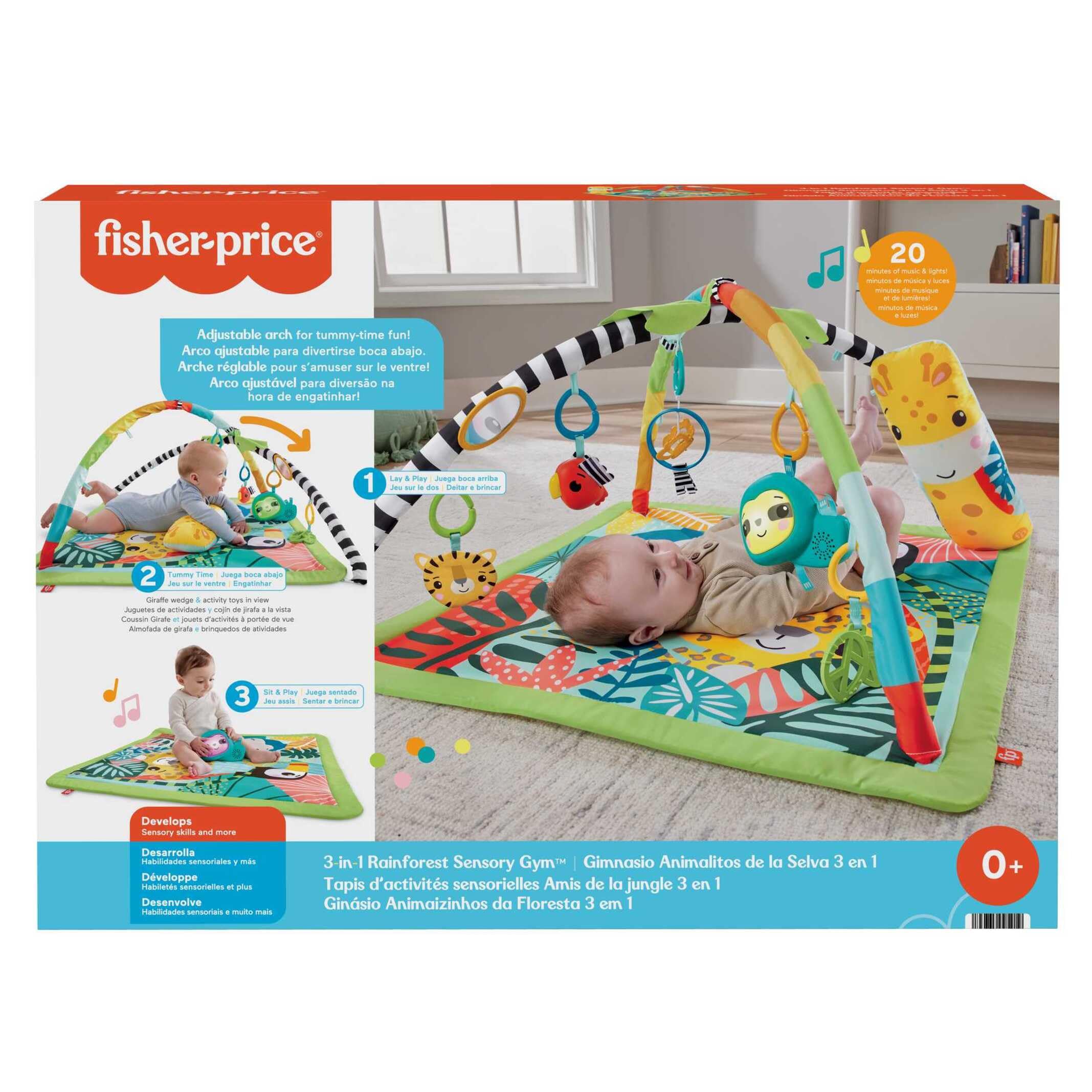 Fisher-Price Alfombra Gimnasio sensorial de Actividades Selva Tropical 3 en 1, con Accesorios, Luces y Sonidos, Juguete para bebé recién Nacido (Mattel HJW08)