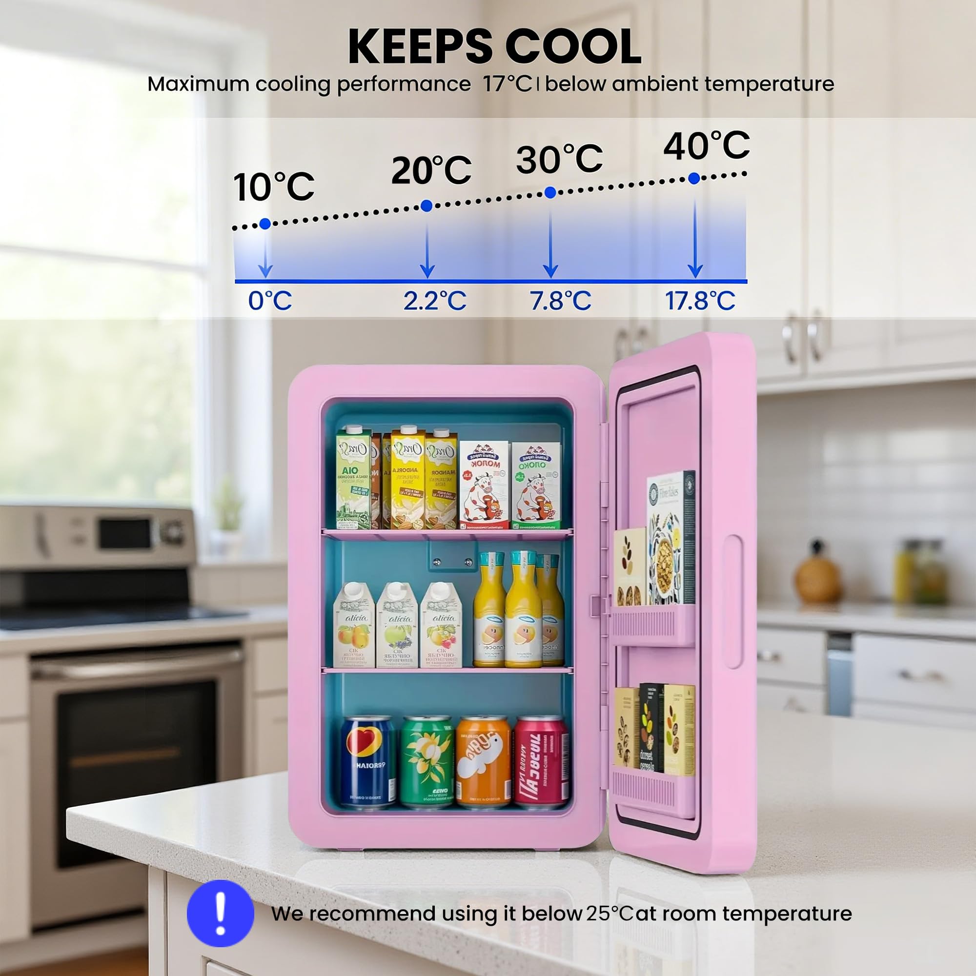 MoraRise 22L Mini Fridge for Bedrooms, 30 Cans Portable Cooler & Warmer Small Fridge, AC/DC Powered, Adjustable Shelves, Home Office, Car, Dorm, Travel, Cosmetics, Skincare, Drinks (Pink, 22L) — view 9