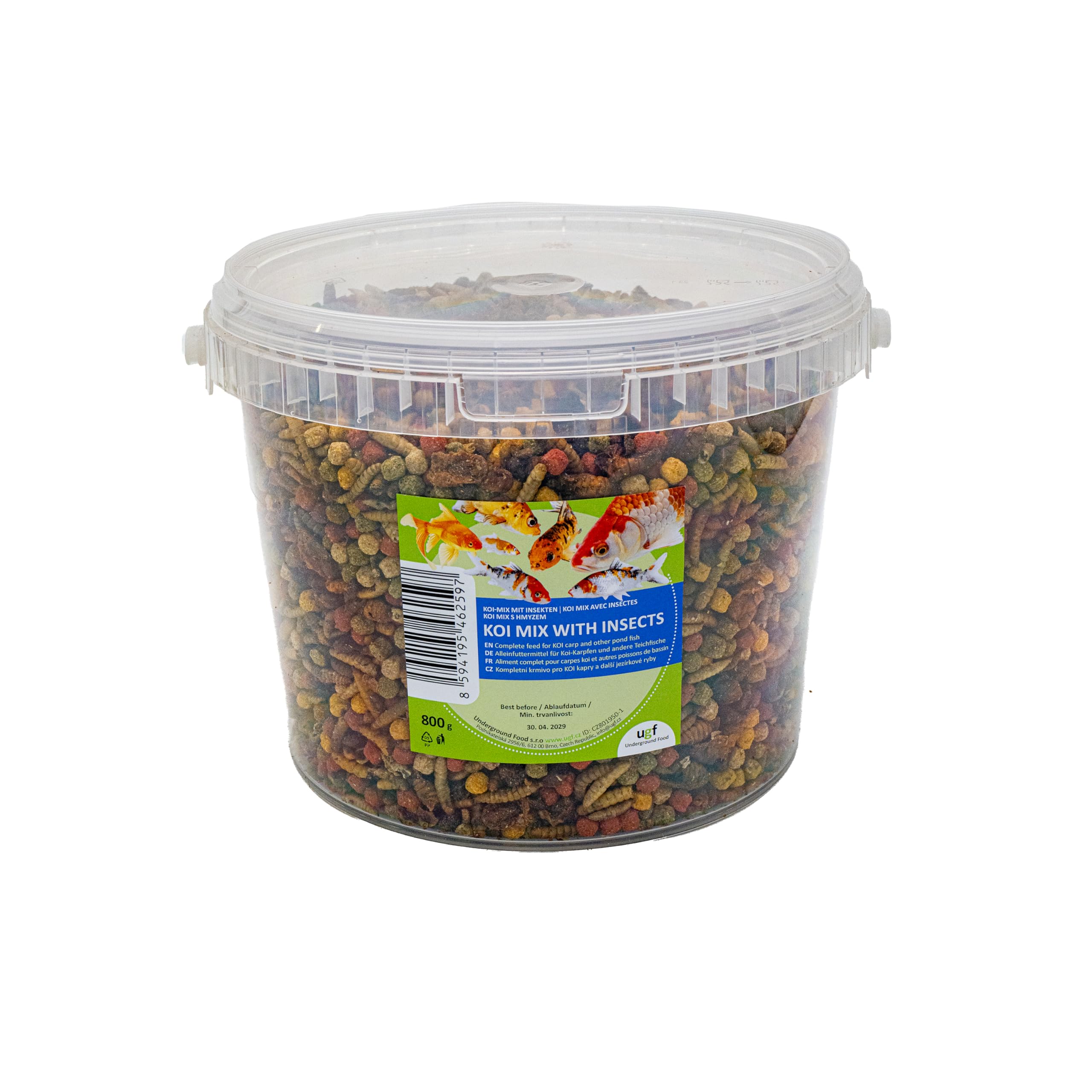 UGF KOI Mix con insectos, 800 g en cubo de 3 litros, alimento rico en proteínas KOI y alimento para carpas para un crecimiento y color saludables, alimento para peces de estanque, flotante