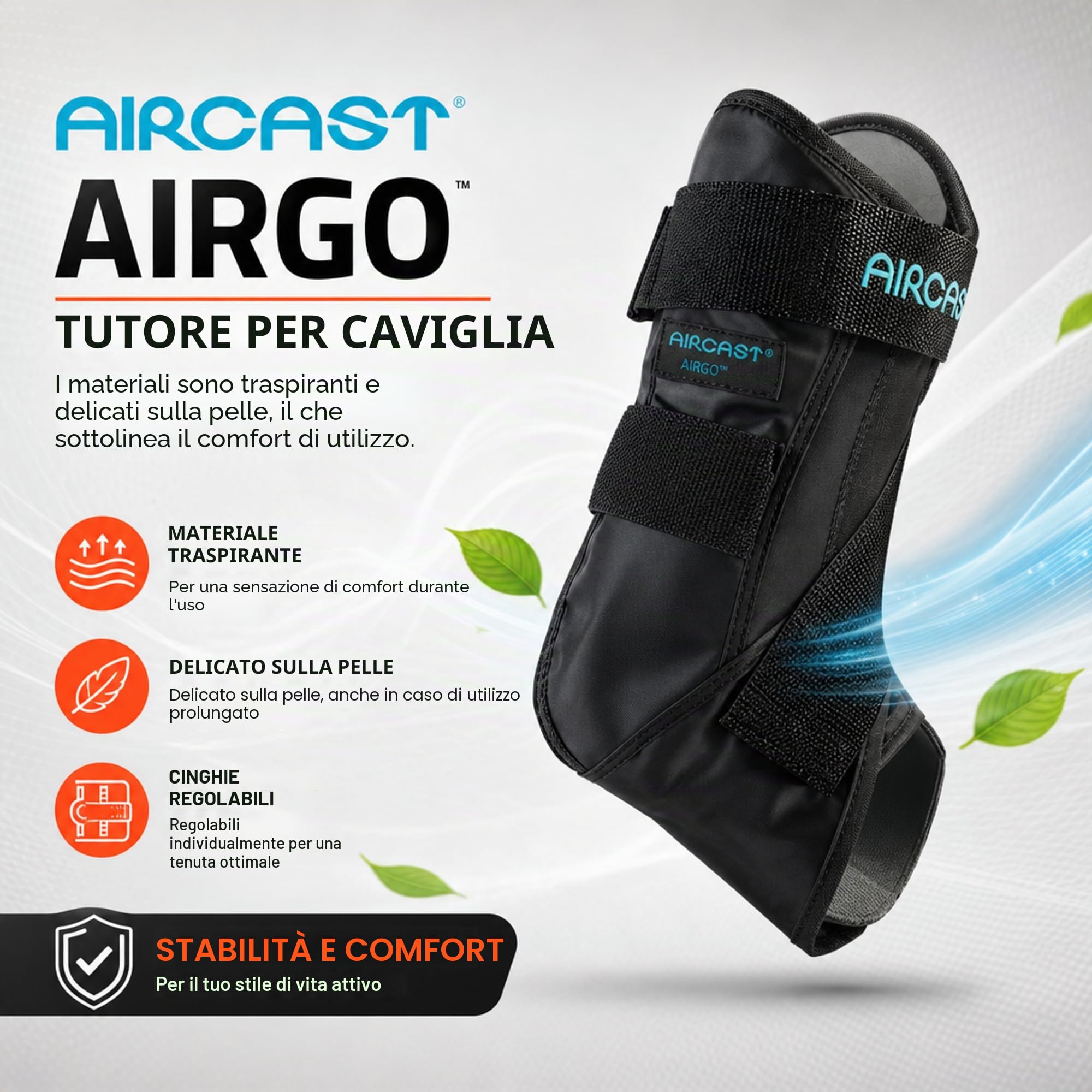 Aircast AirGo - Tutore per caviglia in diverse misure, per sinistra o destra, 1 pezzo, massimo comfort e stabilità ottimale per un rapido recupero e un movimento attivo (S, destra)
