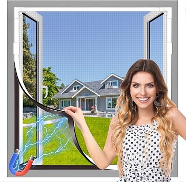 Magnetic Window Screen, 59x71in, White Frame Gray Fiberglass Mesh