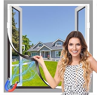 Window Screen Adjustable 40x59in Magnetic Window Screen Replacement, White Frame Gray Fiberglass Mesh, DIY No Drilling Easy Cut-to-Fit for Sliding/Swing/Top-Hung, Fits Wood/Iron/PVC Frames