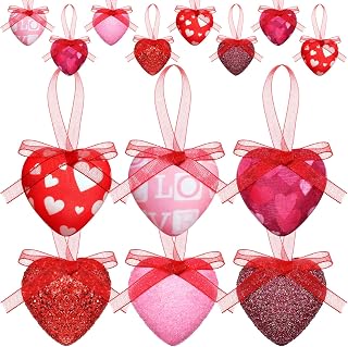 Kajaia 24 Pcs Glittery Valentine's Day Decoration Red Pink Heart Tree Ornaments with Bow Valentines Tree Decoration Hanging Decorative Ornaments for Home Wall Party Indoor Outdoor Decor