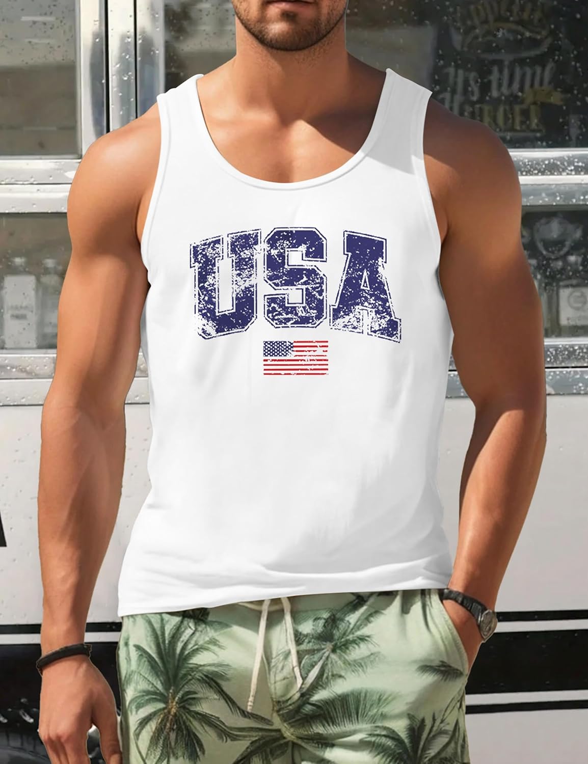Mens Tank Tops Summer Beach Vacation Sleeveless Shirts Casual Palm Graphic Muscle Gym Workout Tank Top - Image 2