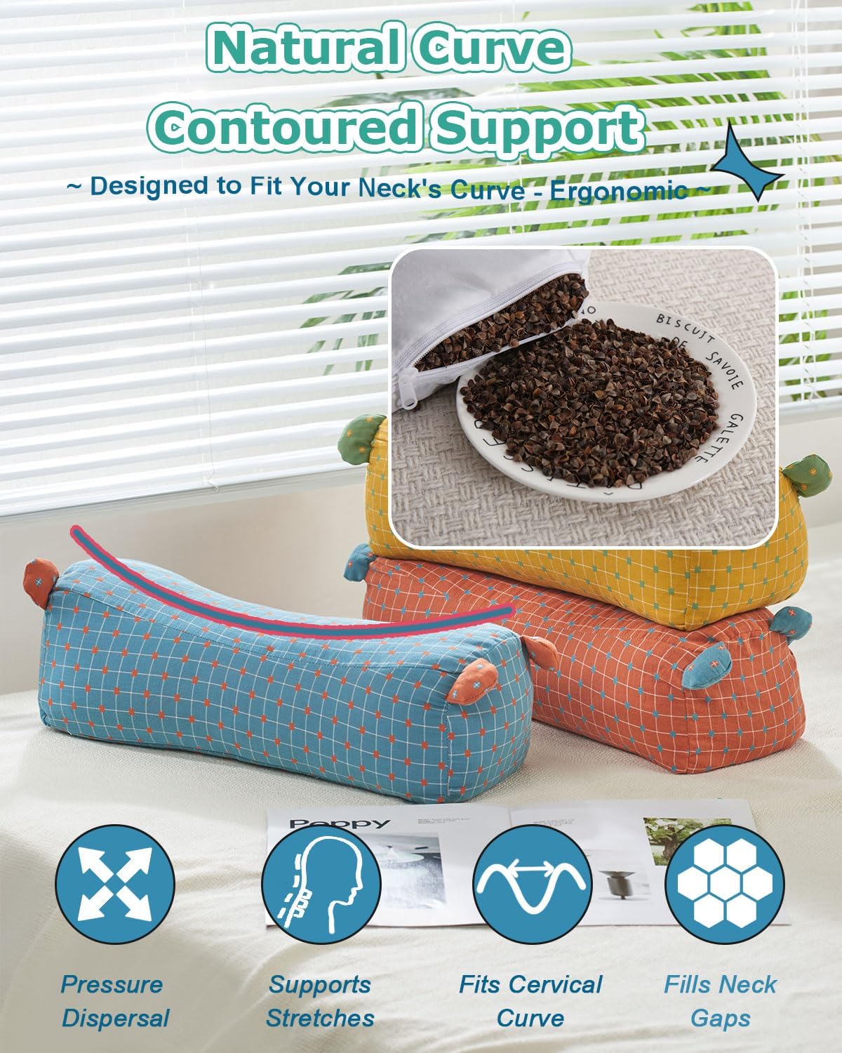 Buckwheat Hulls Roll Pillow, Firm Neck & Spine Support, Customizable Thickness Firmness, Cooling Lumbar Support Pillow for Bed, 16x6 Inch Orange Red - Image 4