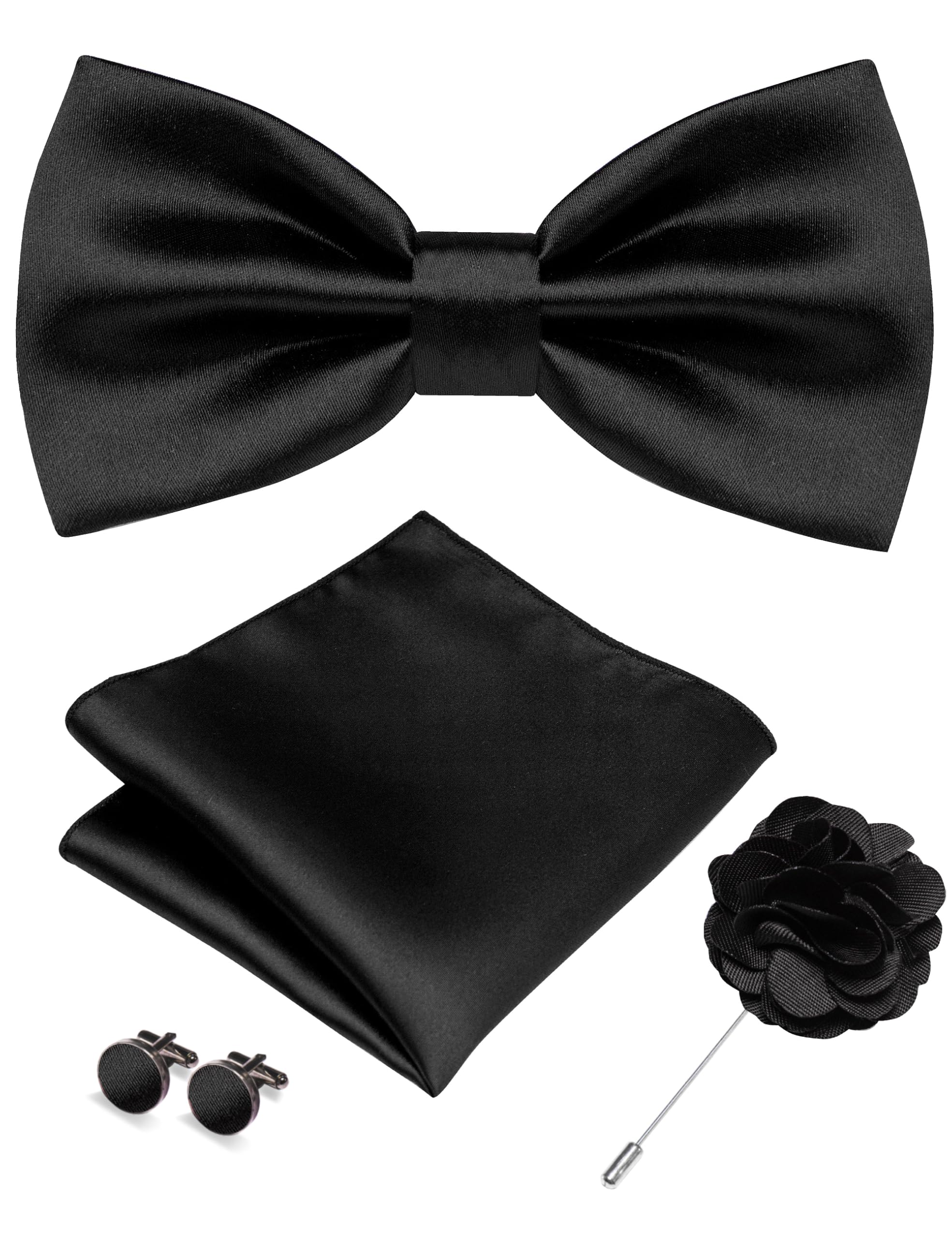 RBOCOTT Solid Color Bow Tie and Pocket Square with Lapel Pin Cufflinks Set 4PCS