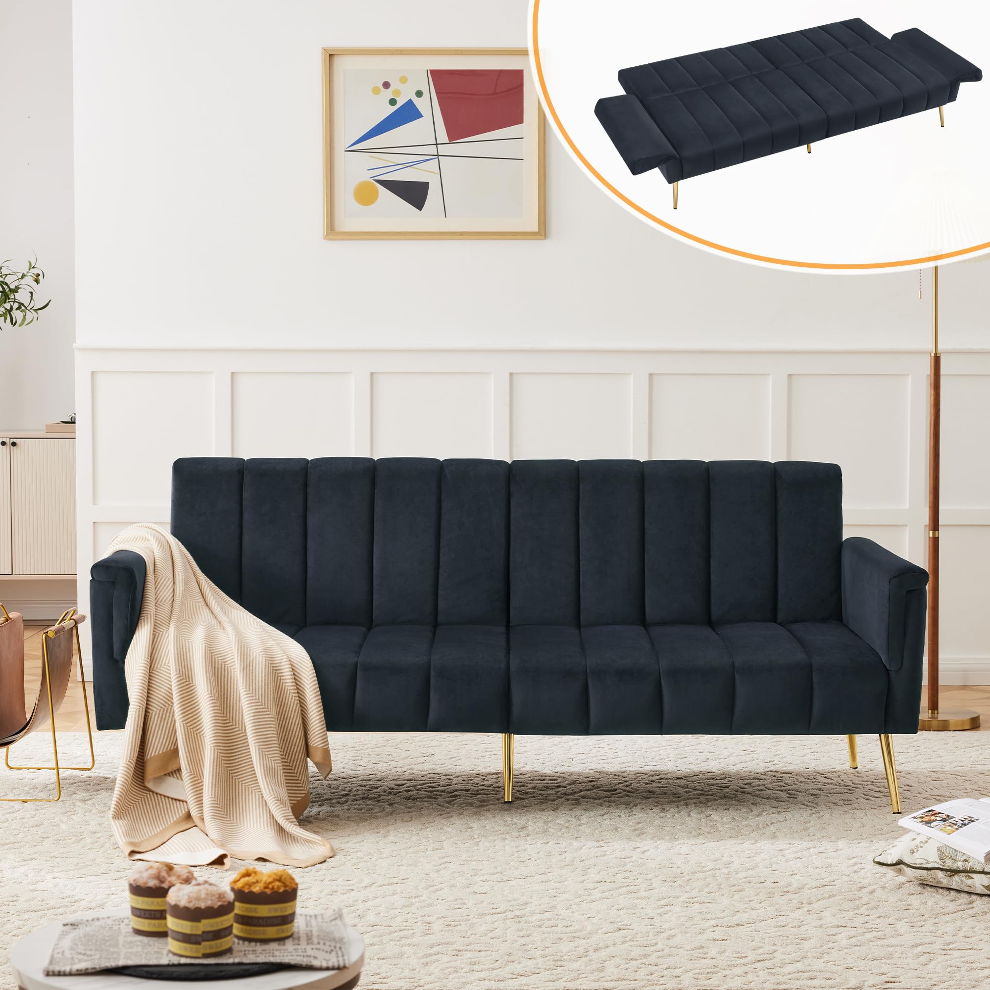 Merax Sofa Bed 2 Seater, Foldable Futon Sofa Couch, Convertible Sofabed with Multi‑Position Backrest & Armrests, Metal Legs, for Living Room/Bedroom/Hom Theater, Black/Velvet