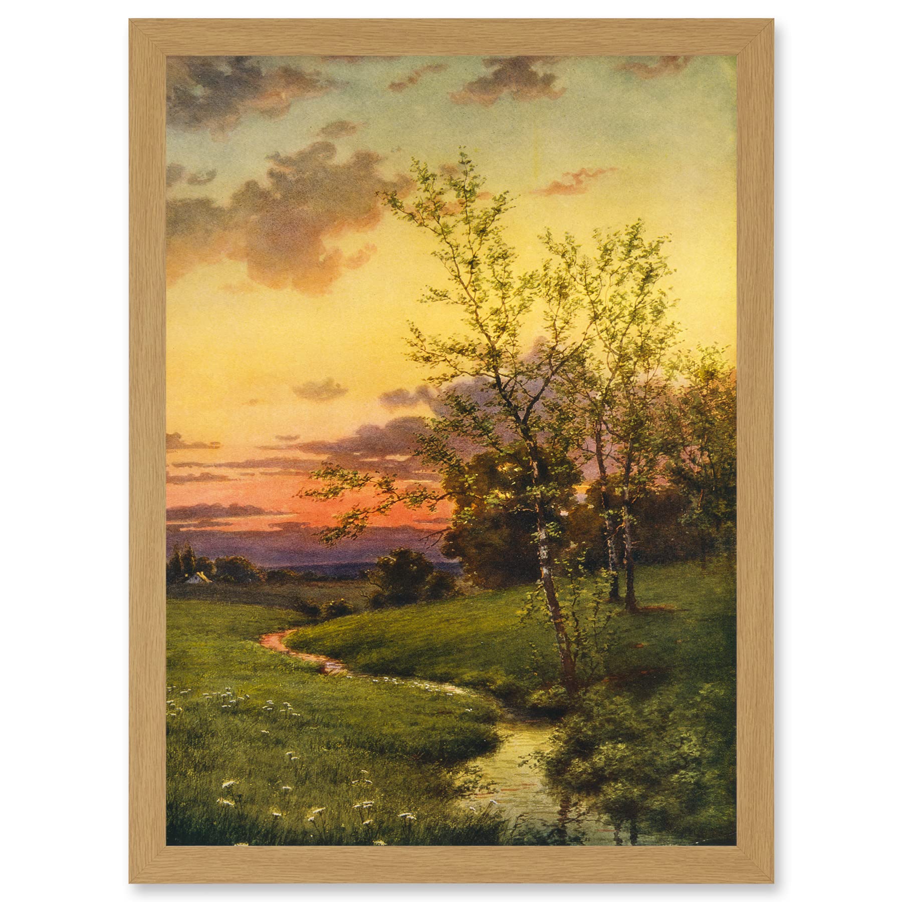 Artery8 Paintings Landscape Sunset Countryside Tree Meadow Brook Stream Artwork Framed Wall Art Print A4