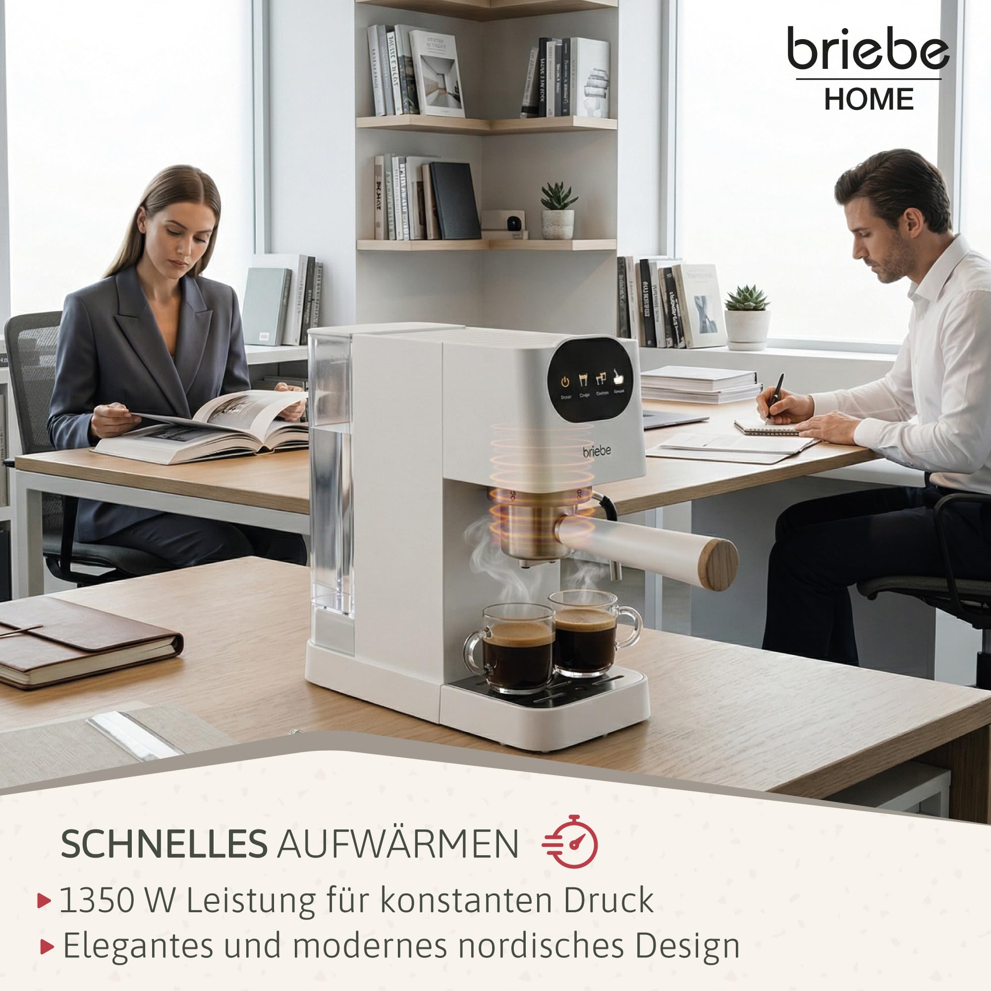 briebe Nordic Kaffeemaschine 20 Bar Kompatibel Nespresso-Kapseln und Kaffeemehl, Espresso Siebträgermaschine 1350W, Milchaufschäumer, Touch-Display, 1,2L Wassertank, Skandinavisches Design, Weiß