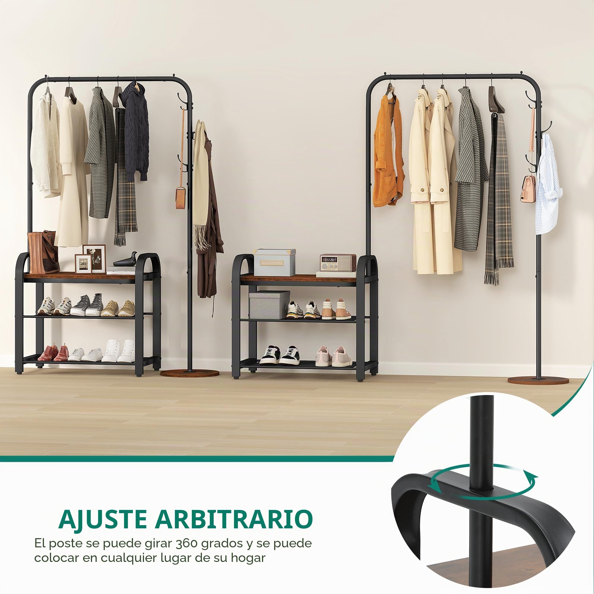 YITAHOME Perchero con zapatero, Perchero industrial con banco para zapatos, Perchero de pie con 3 ganchos, Perchero para ropa, Riel para ropa, Colgador, para sala de estar, pasillo, vestíbulo