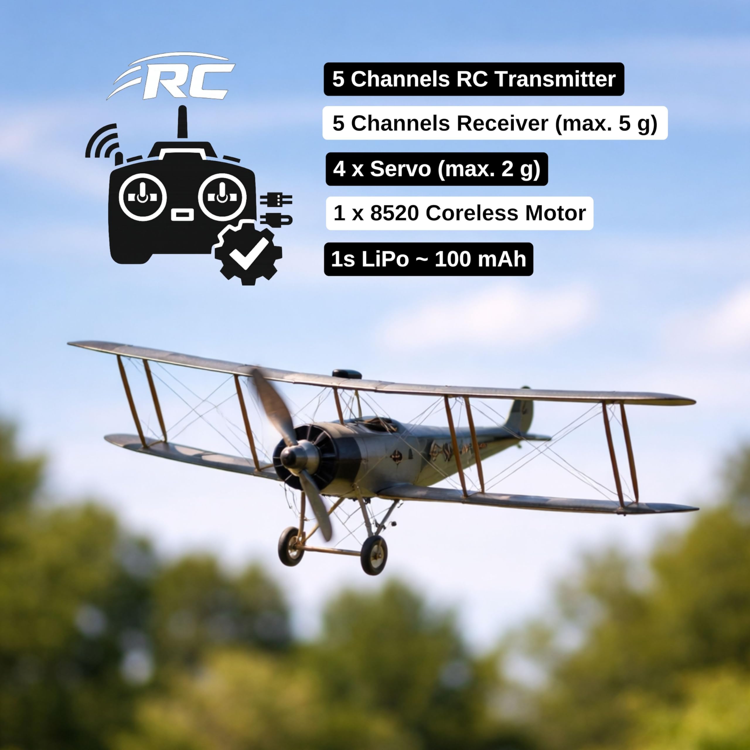 Avro 504k Slow Flyer Modellflugzeug Kit, Maßstab 1:20, 505 mm Spannweite, RC Flugzeugmodell Baukasten, Modell Flugzeug zum selbst Bauen, gelaserte Balsa Holz Bauteile, 505 x 390 x 152 mm, 70 g RTF