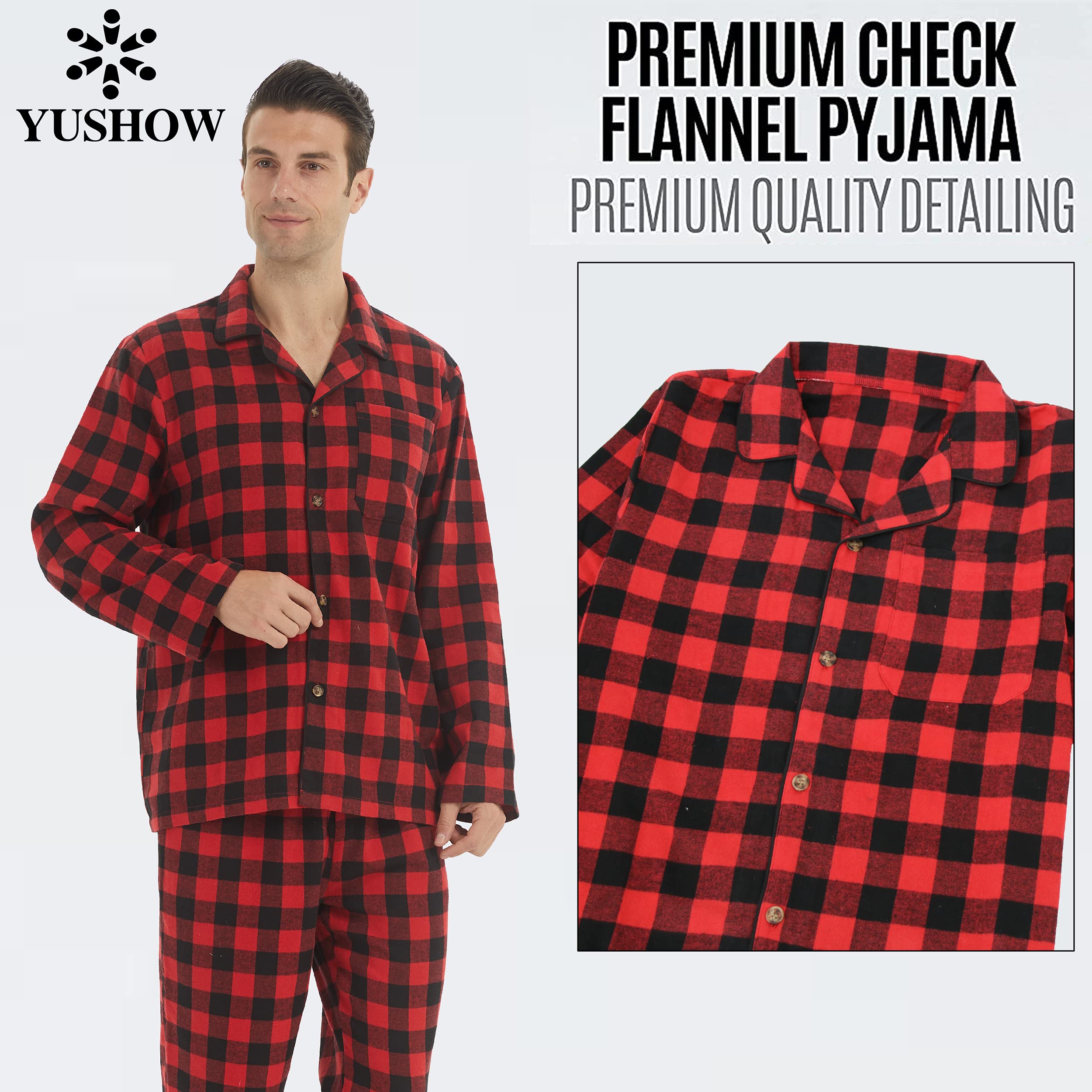 Conjunto de pijama de franela de algodón a cuadros para hombre, con botones, cálido, suave, ropa de dormir y pantalones de pijama con bolsillos