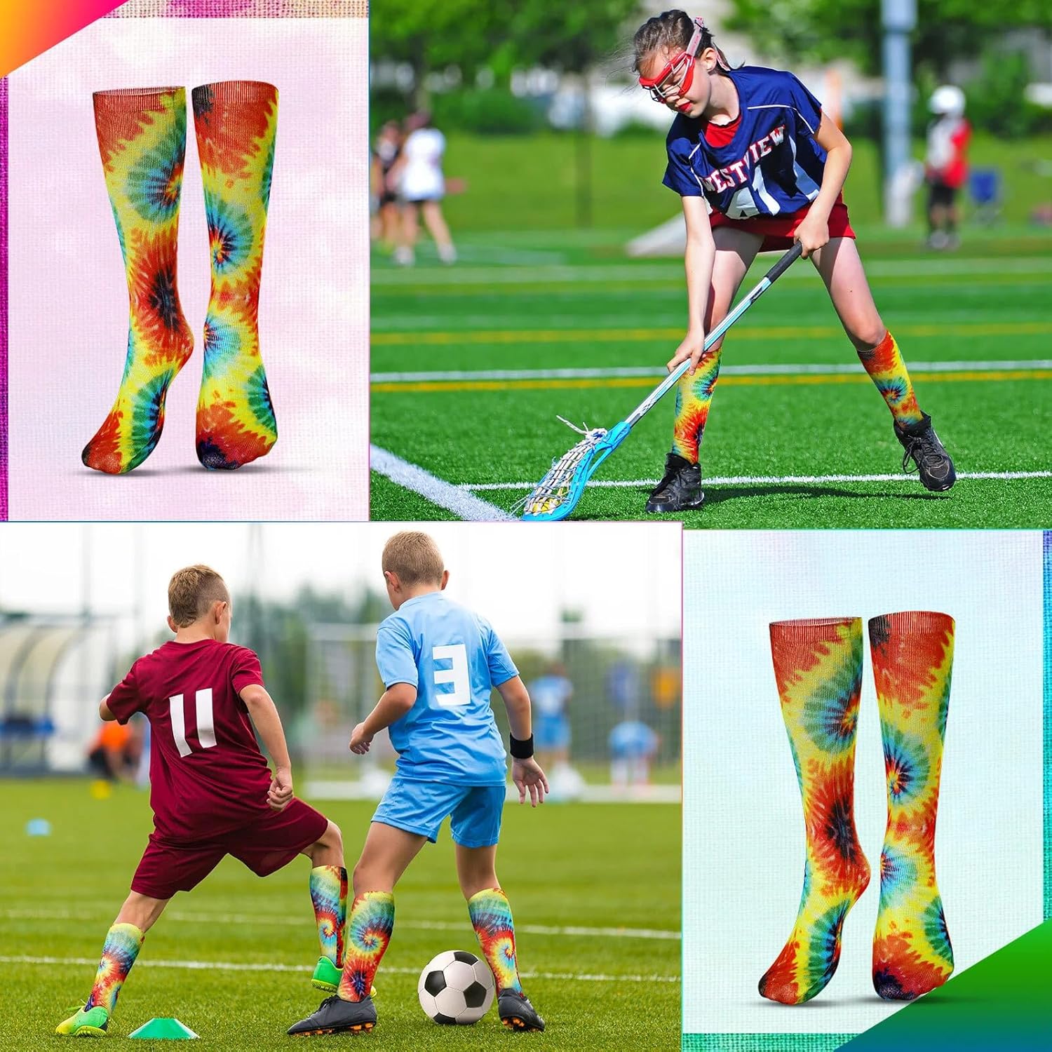 Therwen 12 Pairs Casual High Tie Dye Socks Colorful Pattern Crew Socks Novelty Athletic Long Compression Softball Unisex Stockings for Boys Adults Youth Girls