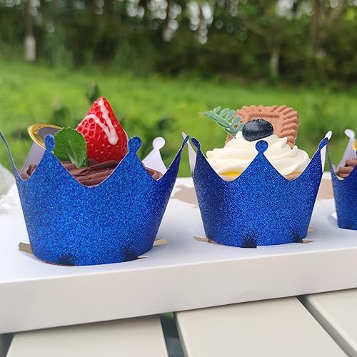 Miniatura 2 de Copas de papel para tartas de corona, con purpurina azul, para magdalenas, estuche para hornear para bodas, fiestas de cumpleaños, decoración de