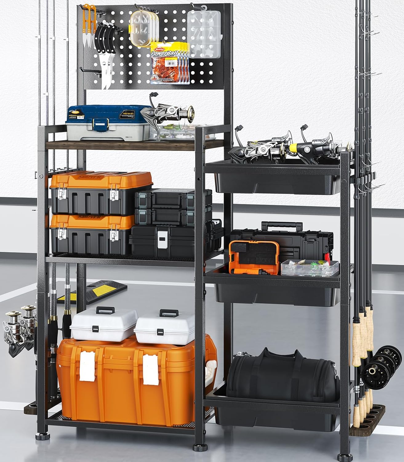 SOYEEZE Fishing Rod Holders for Garage, 3 Storage Boxes for Reels & Fishing Accessories, 10 Rod Capacity Fishing Pole Holder with Pegboard, and 3-Tier Shelf for Tackle Box, Fishing Gear Organizer