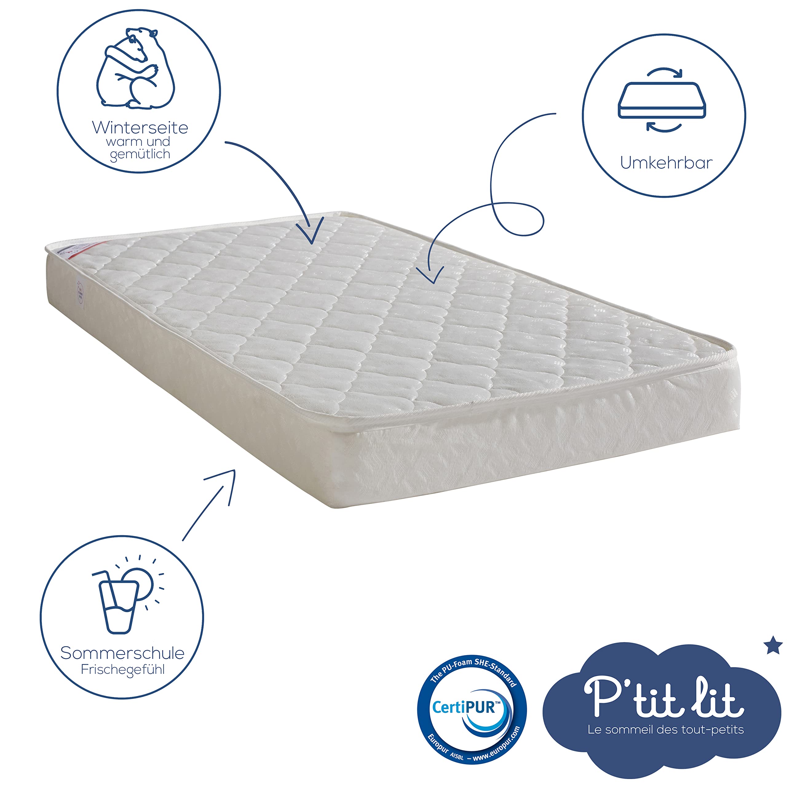 P'tit Lit - Unentbehrliche Babymatratze - 60x120 cm - Klimatisiert: 1 Sommerseite / 1 Winterseite - Oeko Tex®