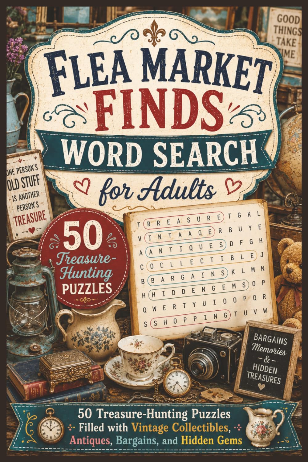 Flea Market Finds Word Search for Adults: 50 Treasure-Hunting Puzzles Filled with Vintage Collectibles, Antiques, Bargains, and Hidden Gems (Word search books collection)