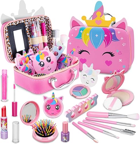 Kit de maquillaje para niñas – Juguetes de princesa real lavable con bolsa de unicornio – Juega maquillaje belleza cosméticos juguetes para edades