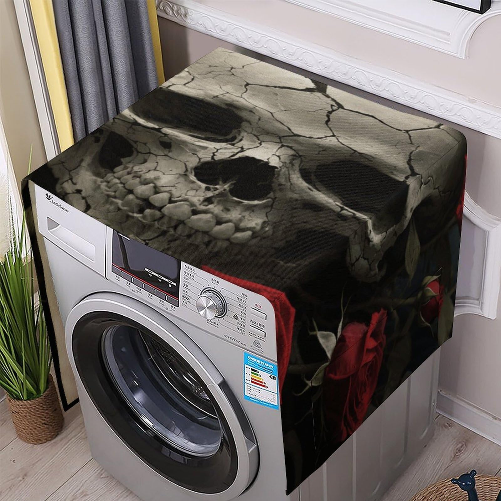 Fodpand White Washing Machine Cover For Top Load Dustproof Skull Rose Washer And Dryer Cover With Storage Pockets Household Appliance Covers Washable Top Protector Mat Pad For Laundry & Kitchen