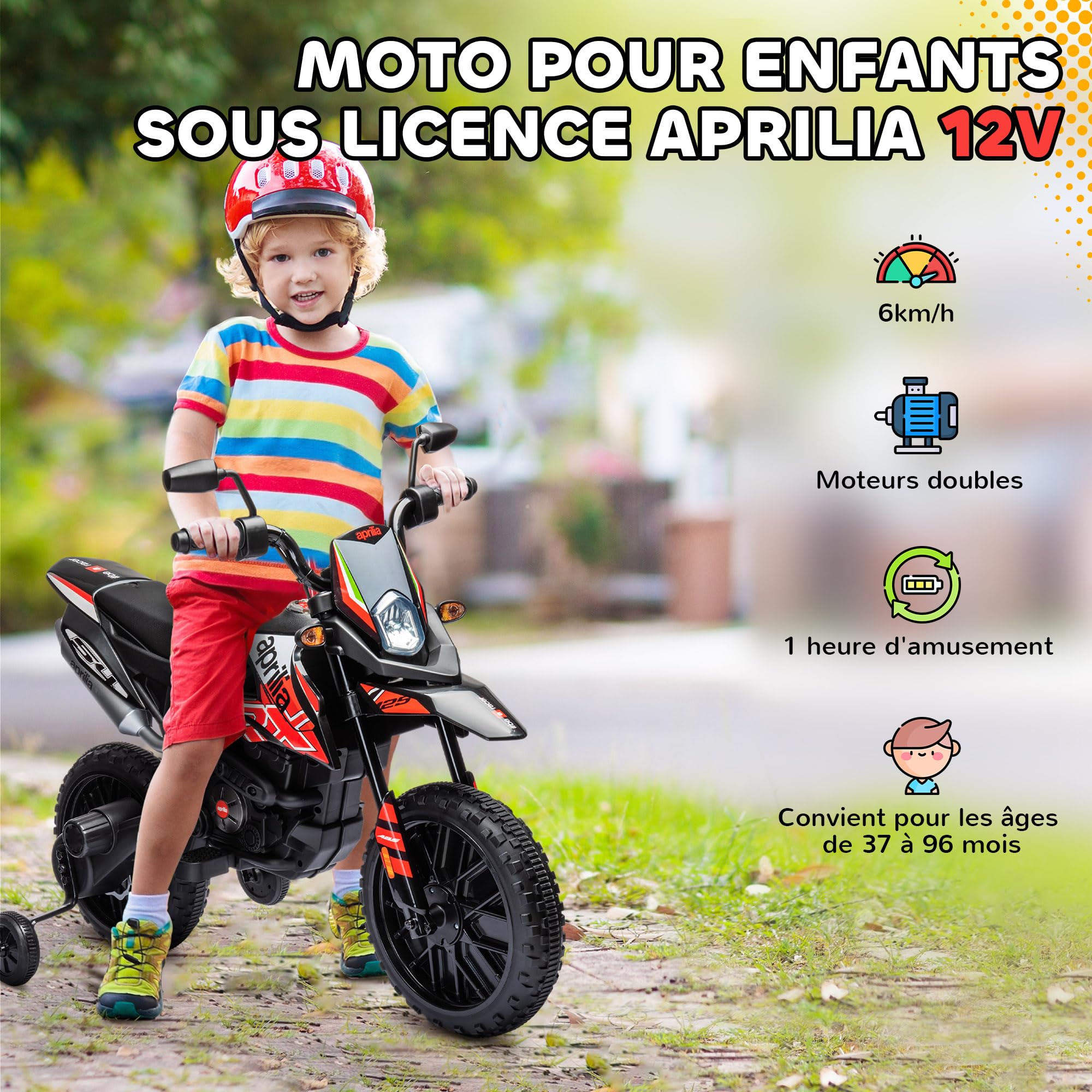 AIYAPLAY Moto électrique Enfants Moto Cross pour Enfant sous Licence Aprilia avec 2 Moteurs 12V, Vitesse Max. 6 km/h, Roues d'entraînement, Suspension à Ressort, lumière LED, Musique, USB - Rouge