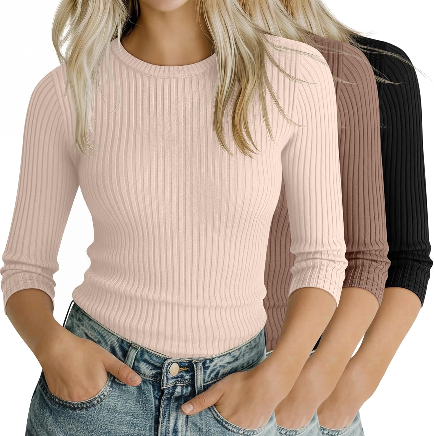 Ficerd 3 Pack 3/4 Sleeve Tops for Women, Cotton Knit Ribbed T Shirts Basic Slim Fit Casual Stretch Tees Crew Neck Shirts