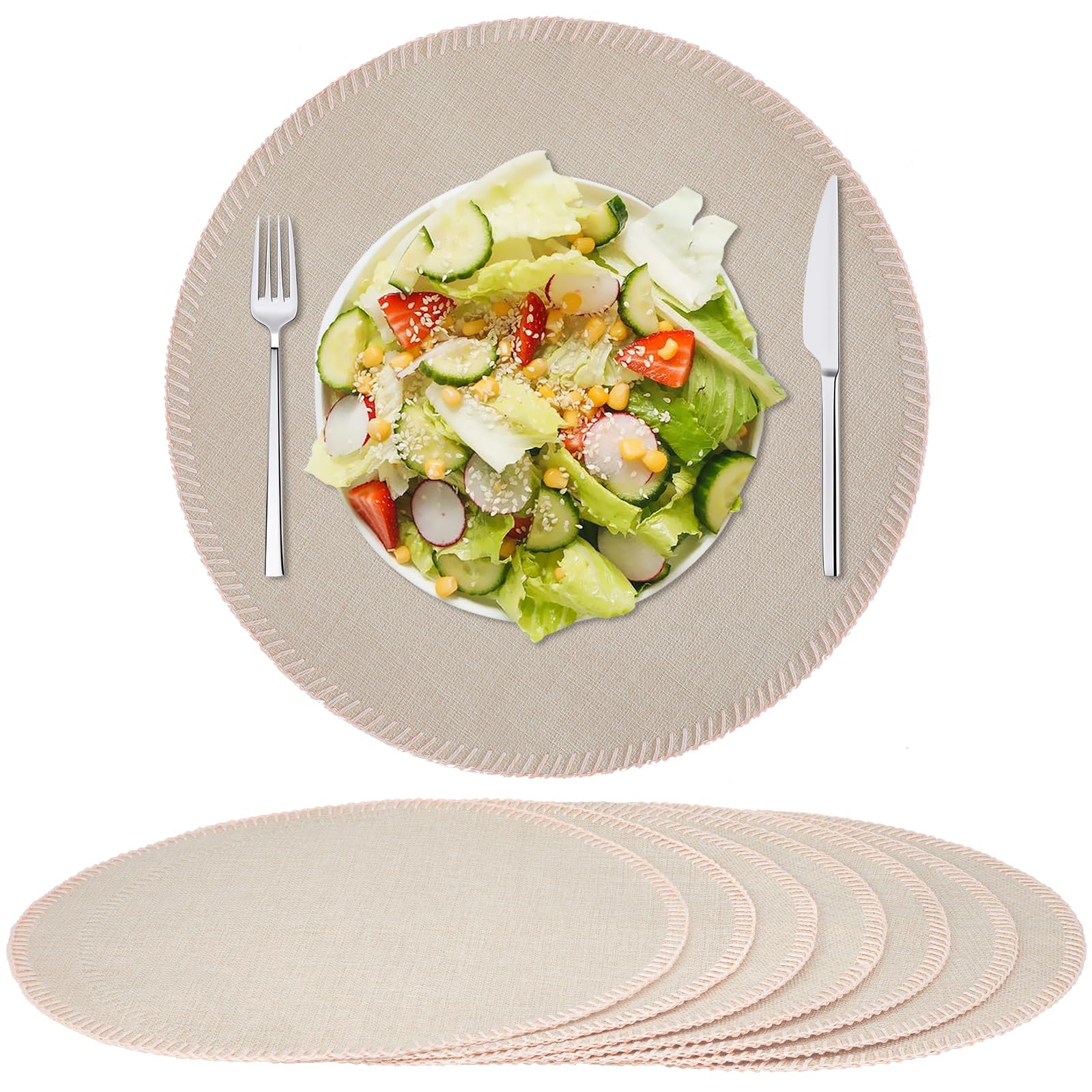 Rinpon Round Placemats Set of 8, Machine Washable Linen-Like Cloth Place Mats & Heat-Resistant for Dining Table